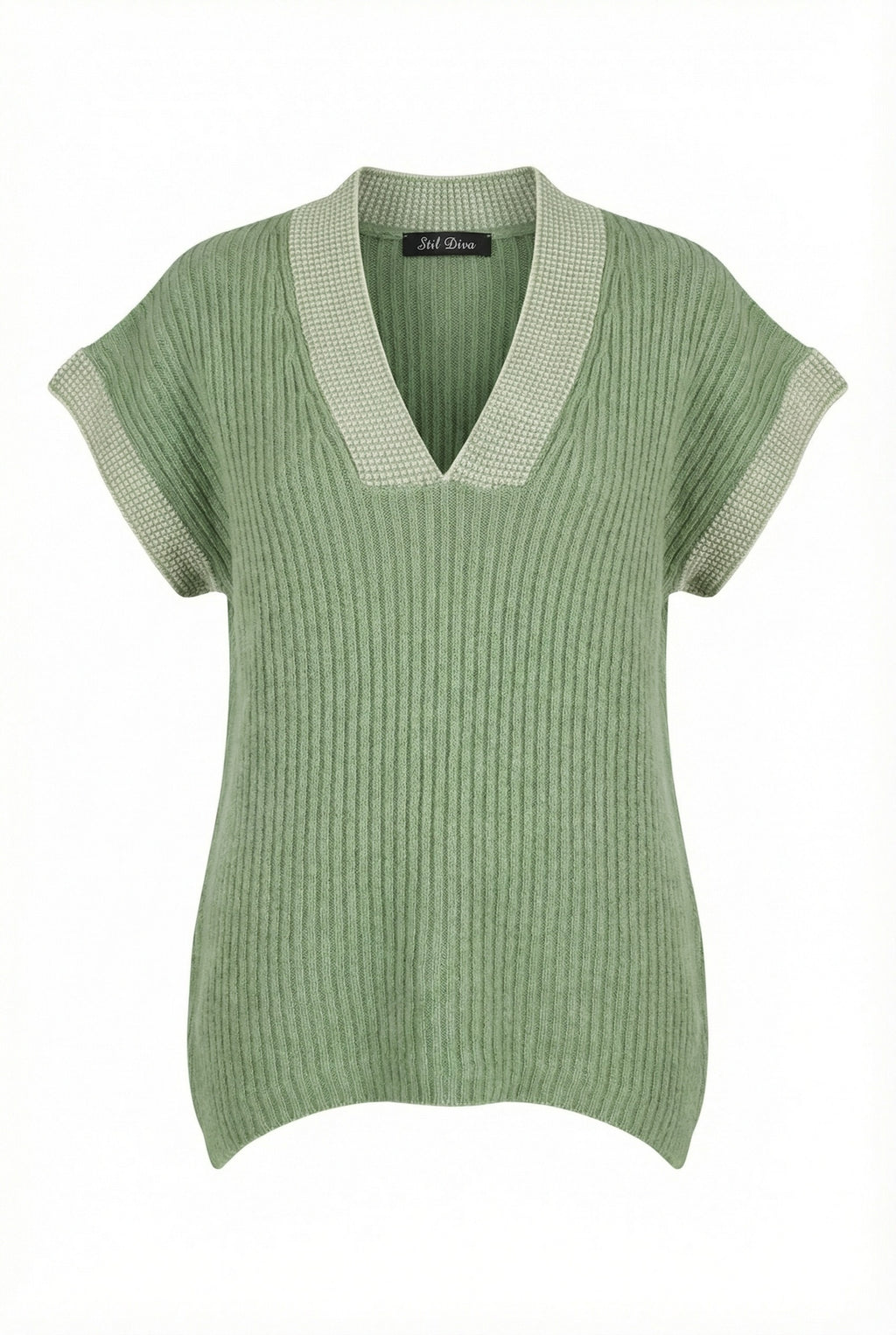 Mint Renk V Yaka Kısa Kollu Triko Süveter - Rahat ve Şık