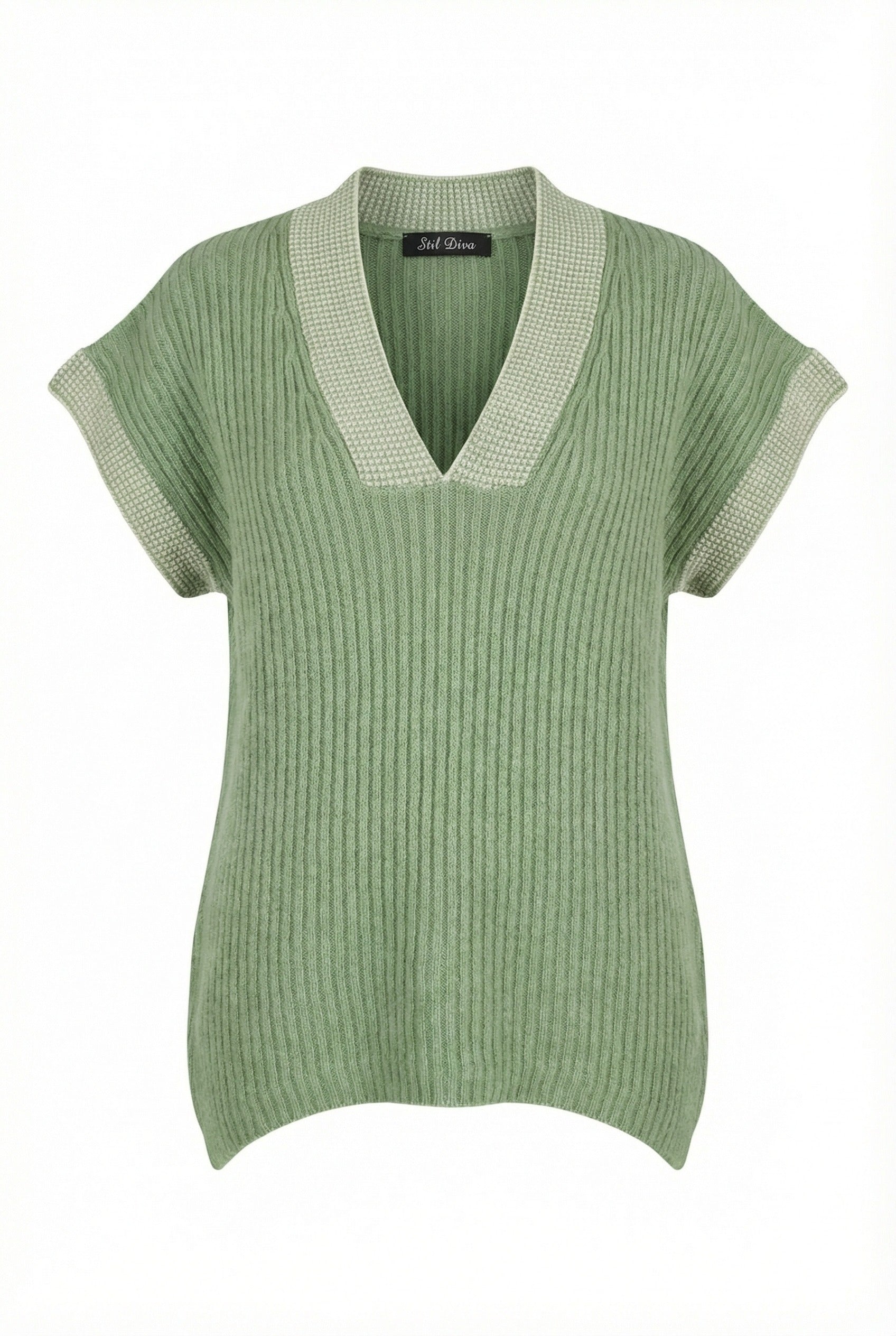 Mint Renk V Yaka Kısa Kollu Triko Süveter - Rahat ve Şık