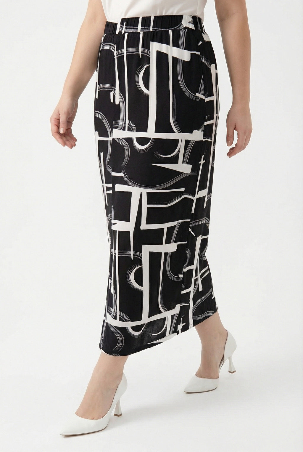 Soyut Desenli Yırtmaç Detaylı Uzun Etek | Siyah Beyaz