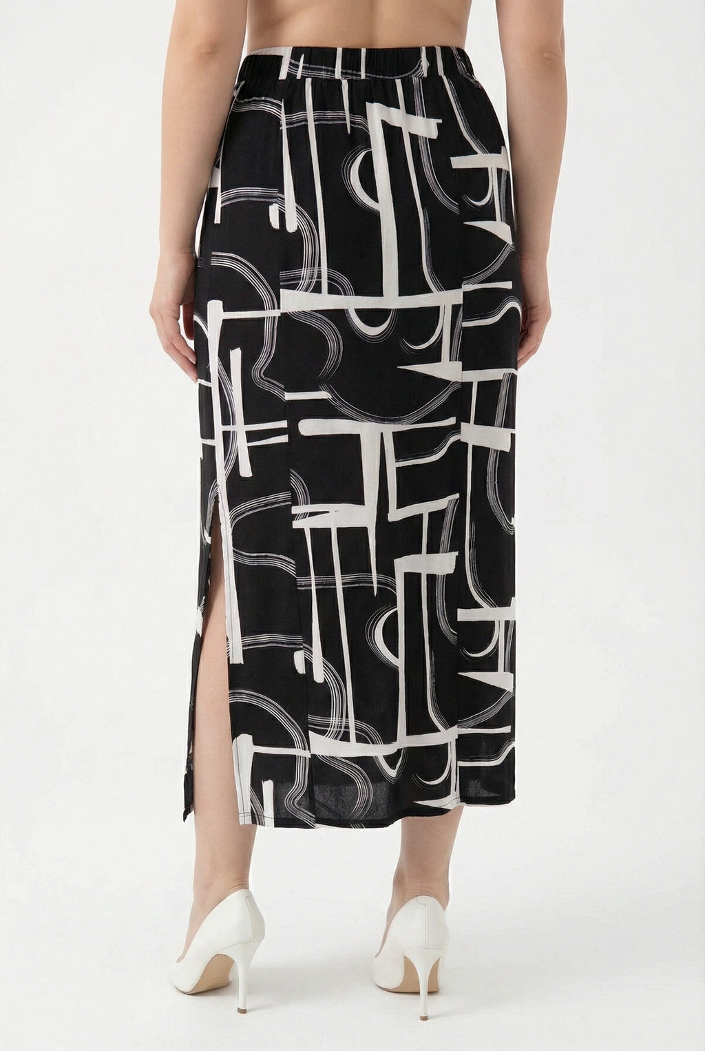 Soyut Desenli Yırtmaç Detaylı Uzun Etek | Siyah Beyaz