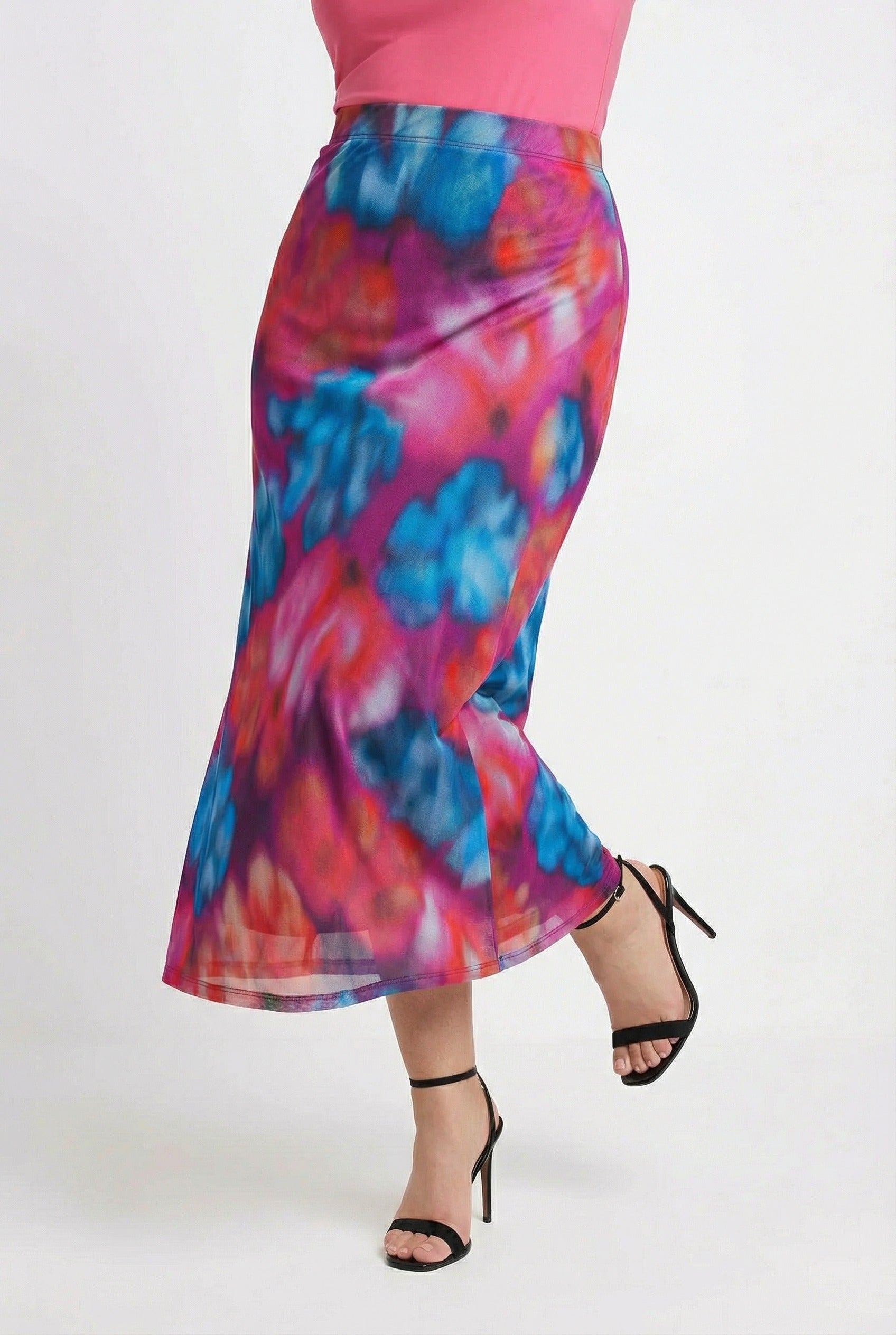 Desenli Uzun Tül Etek - Lastikli Bel, Pembe Renk, Şık Tasarım