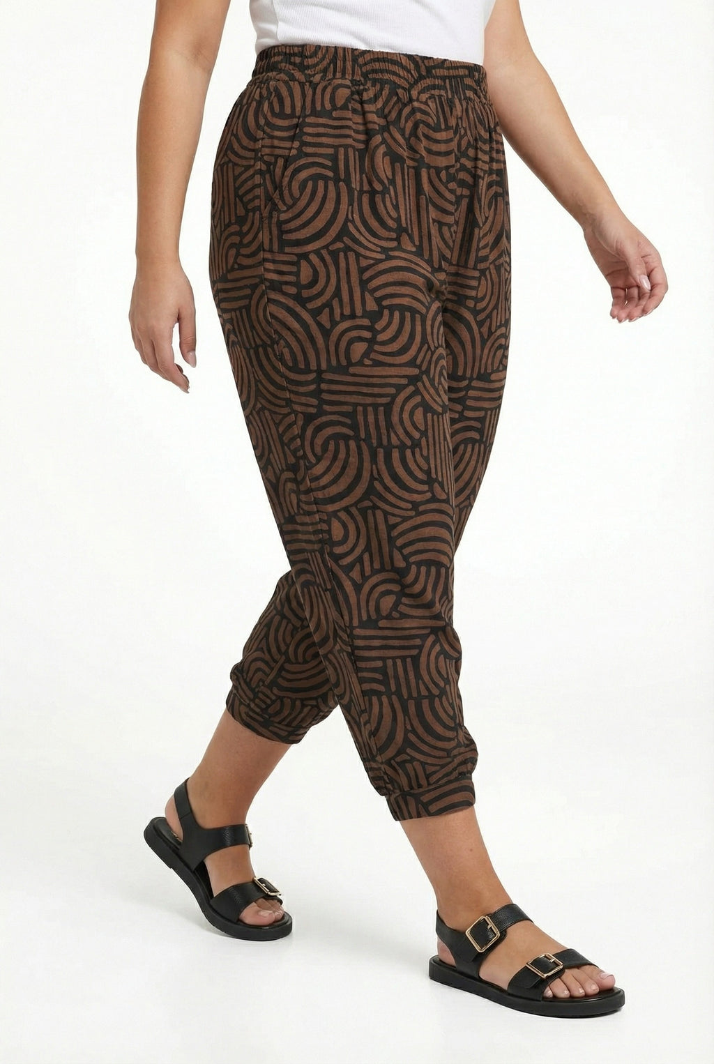 Soyut Desenli Cepli Pantolon - Kahve Renk, Rahat Kesim ve Lastik Belli