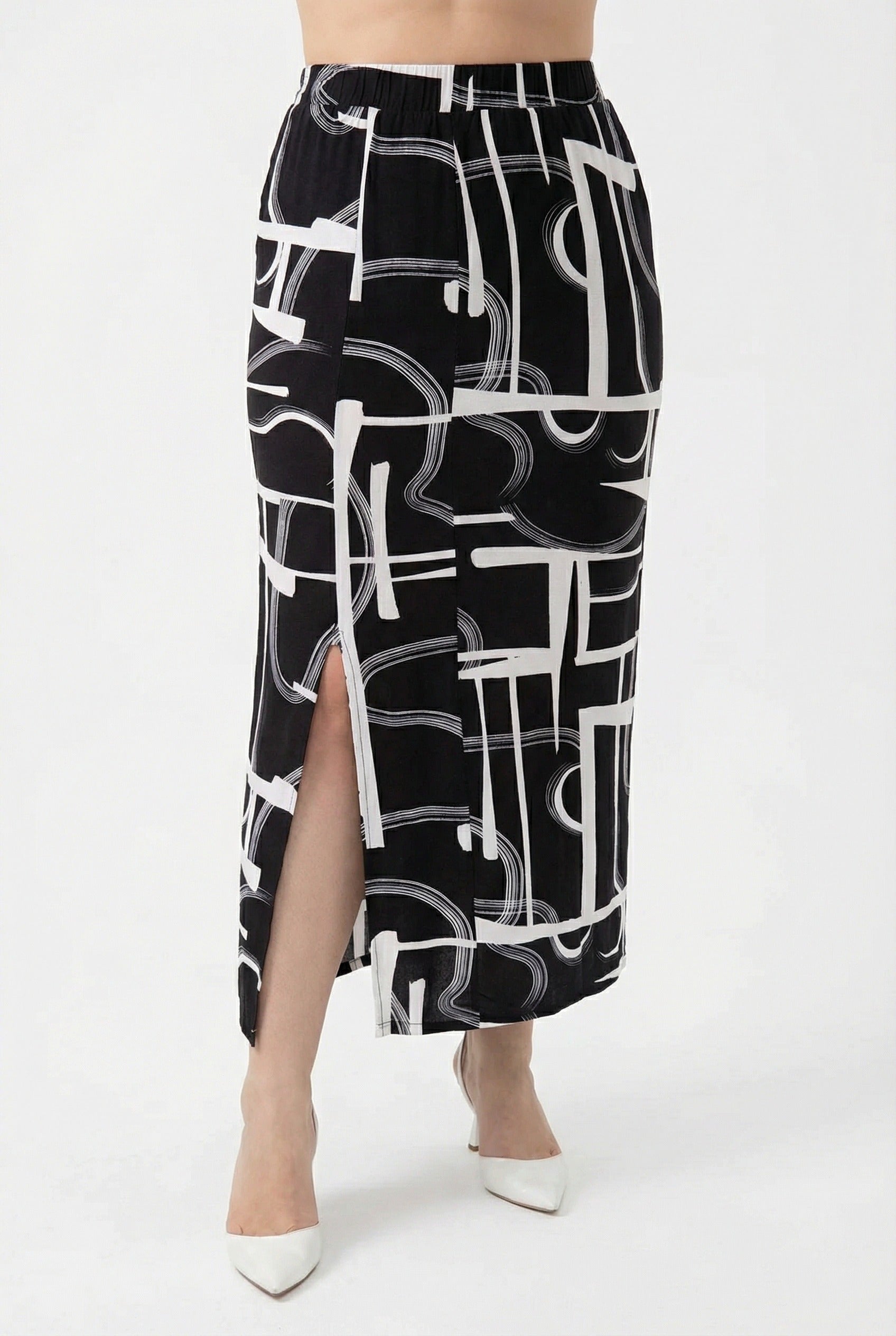 Soyut Desenli Yırtmaç Detaylı Uzun Etek | Siyah Beyaz