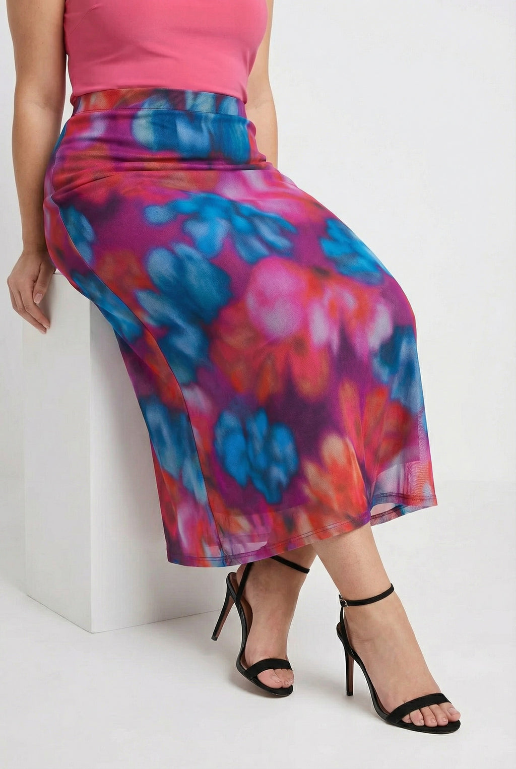 Desenli Uzun Tül Etek - Lastikli Bel, Pembe Renk, Şık Tasarım