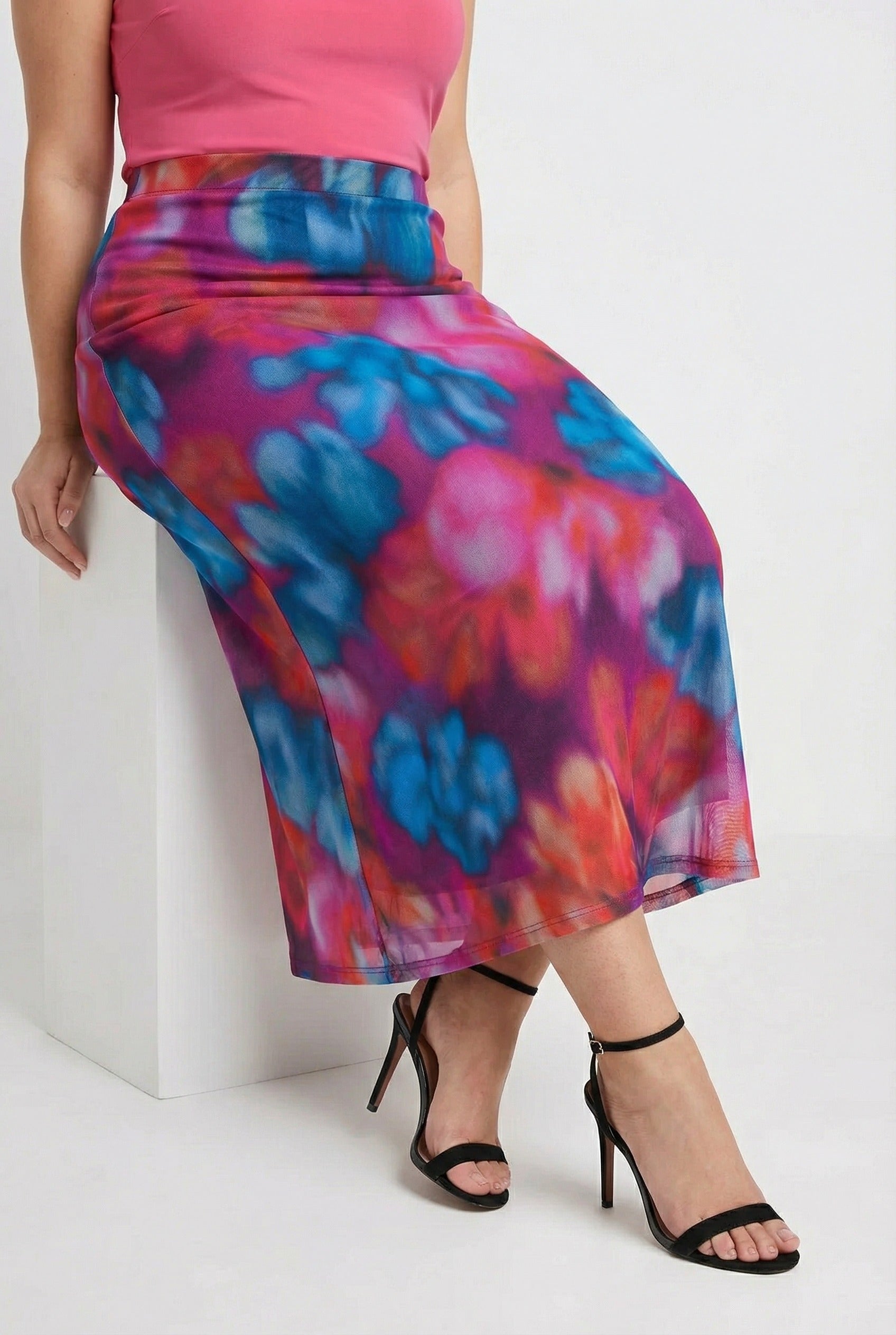 Desenli Uzun Tül Etek - Lastikli Bel, Pembe Renk, Şık Tasarım