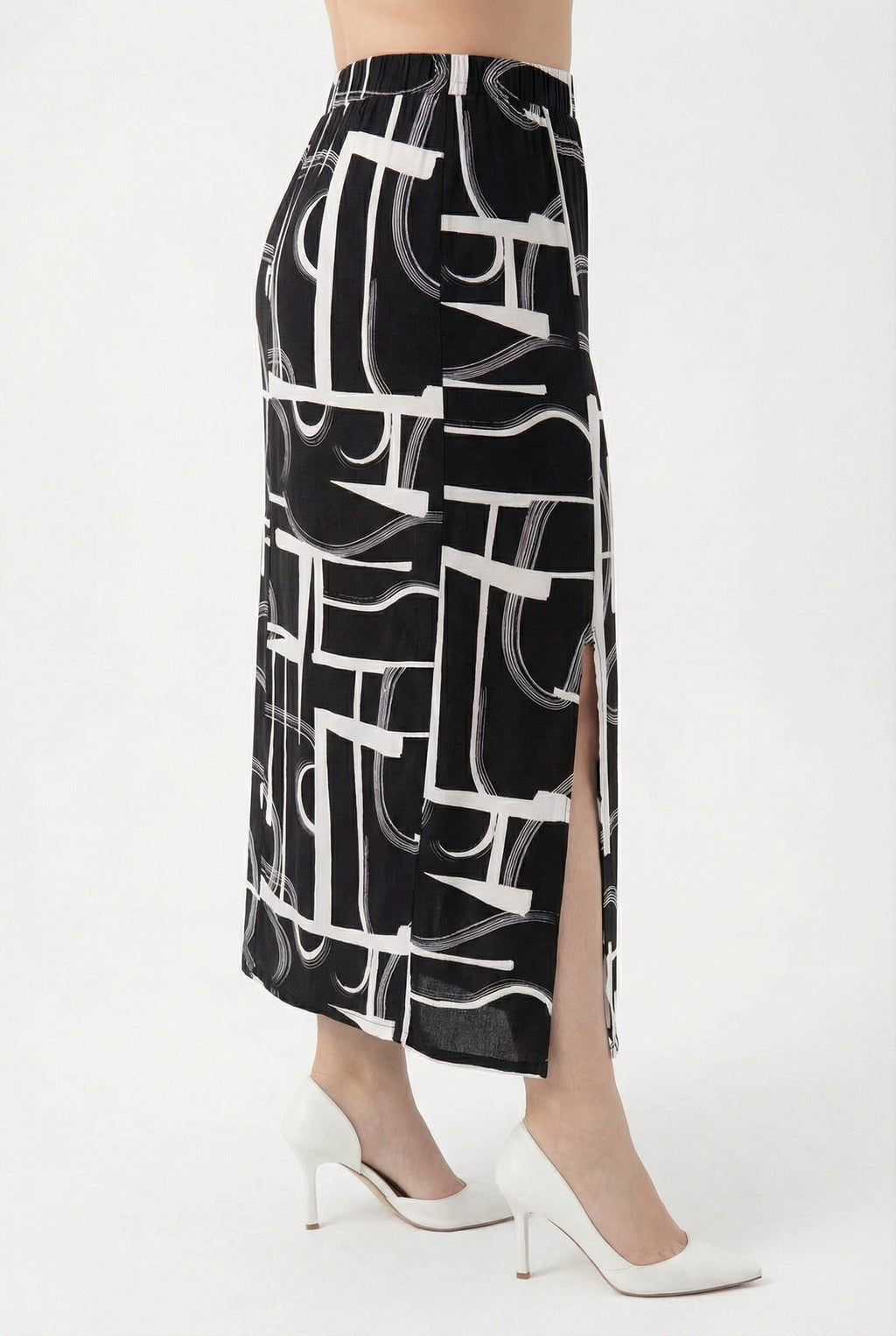 Soyut Desenli Yırtmaç Detaylı Uzun Etek | Siyah Beyaz