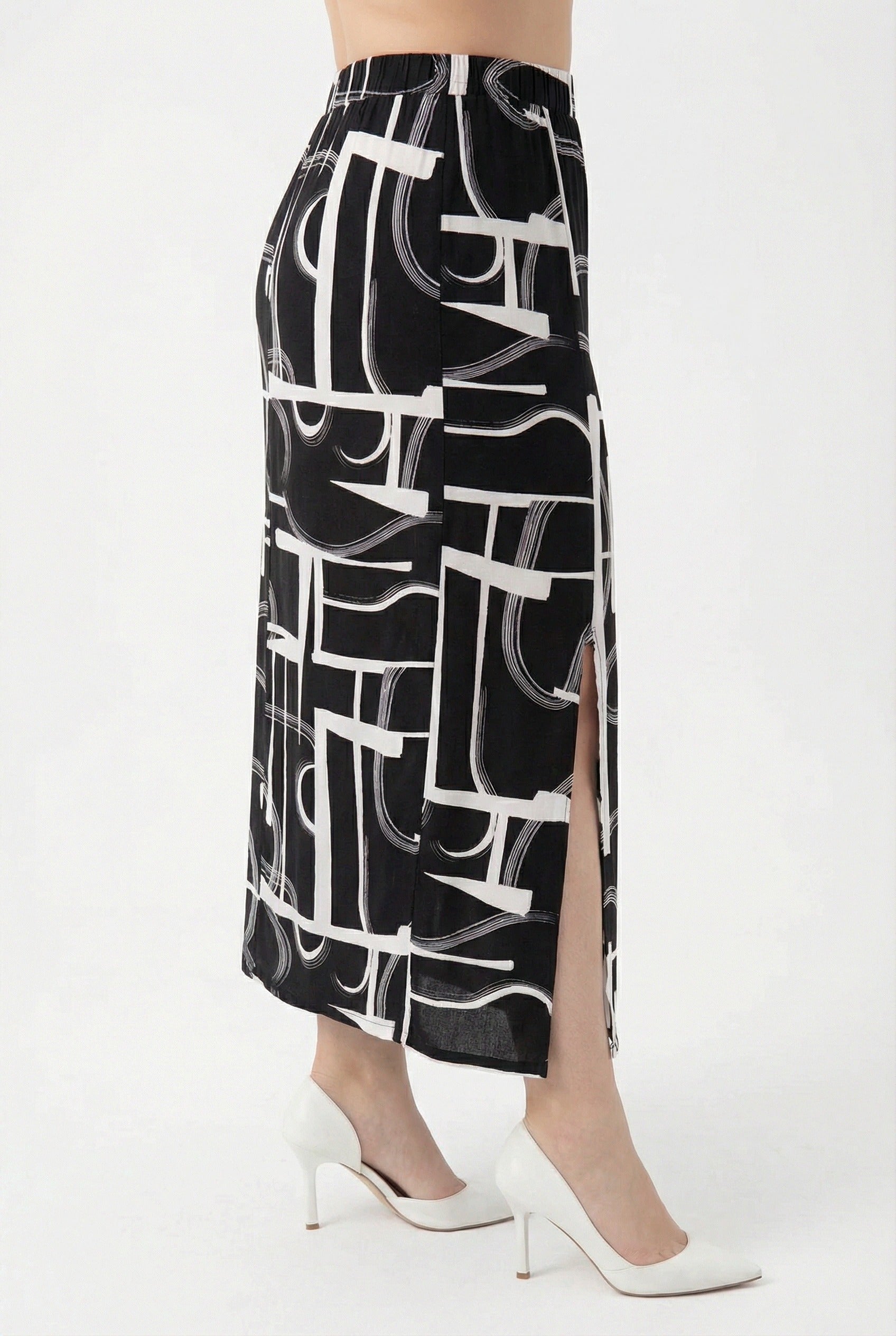 Soyut Desenli Yırtmaç Detaylı Uzun Etek | Siyah Beyaz