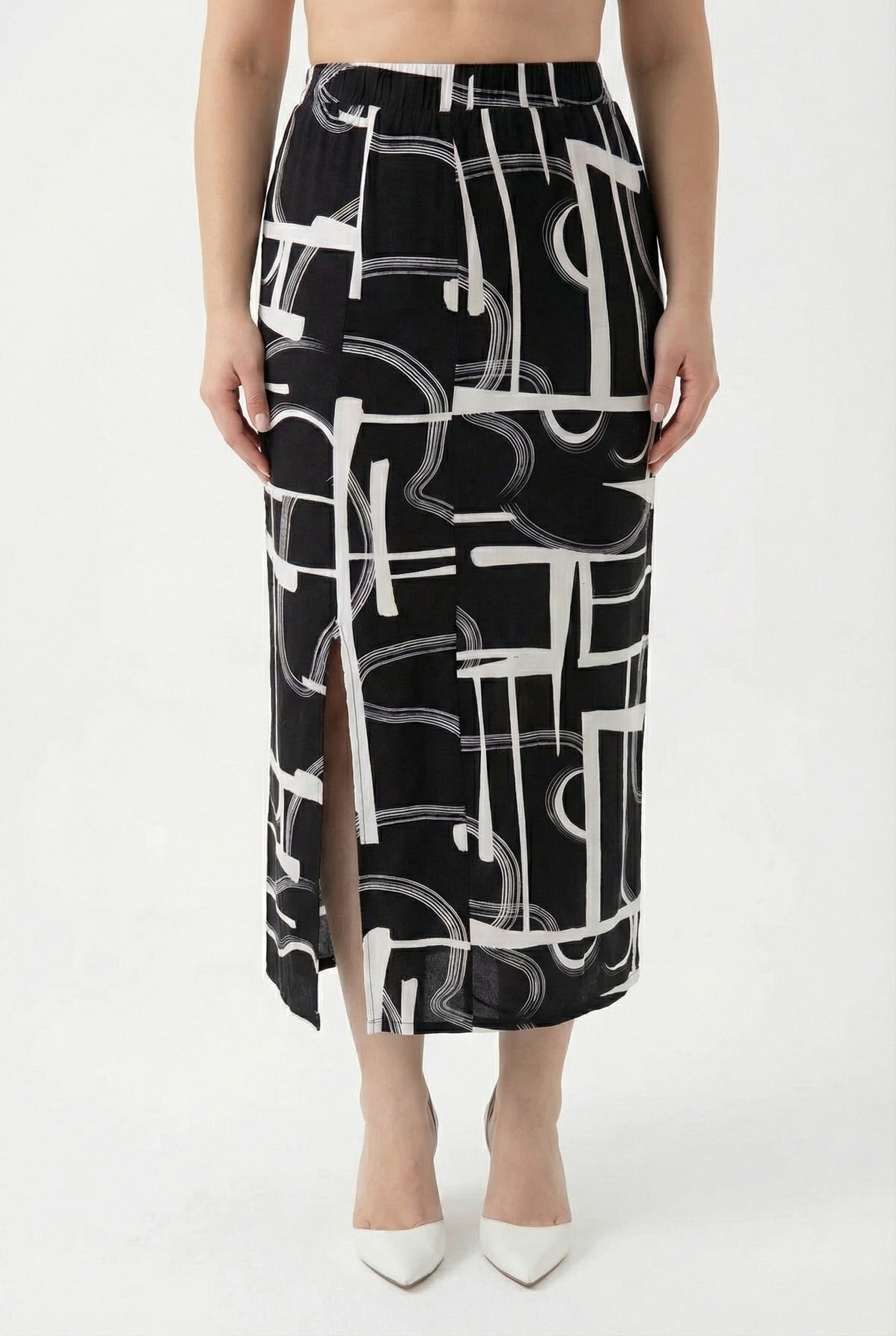 Soyut Desenli Yırtmaç Detaylı Uzun Etek | Siyah Beyaz