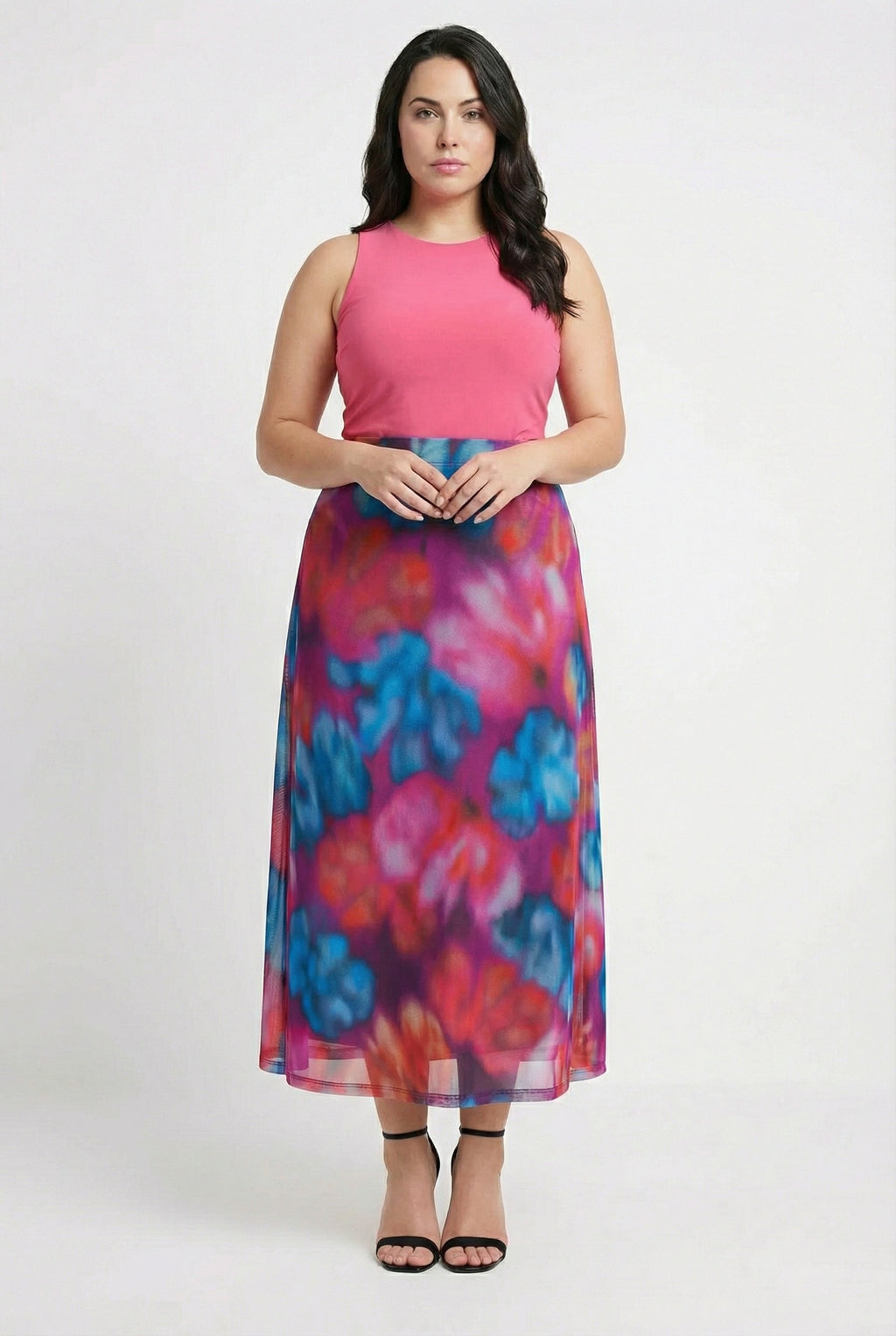 Desenli Uzun Tül Etek - Lastikli Bel, Pembe Renk, Şık Tasarım