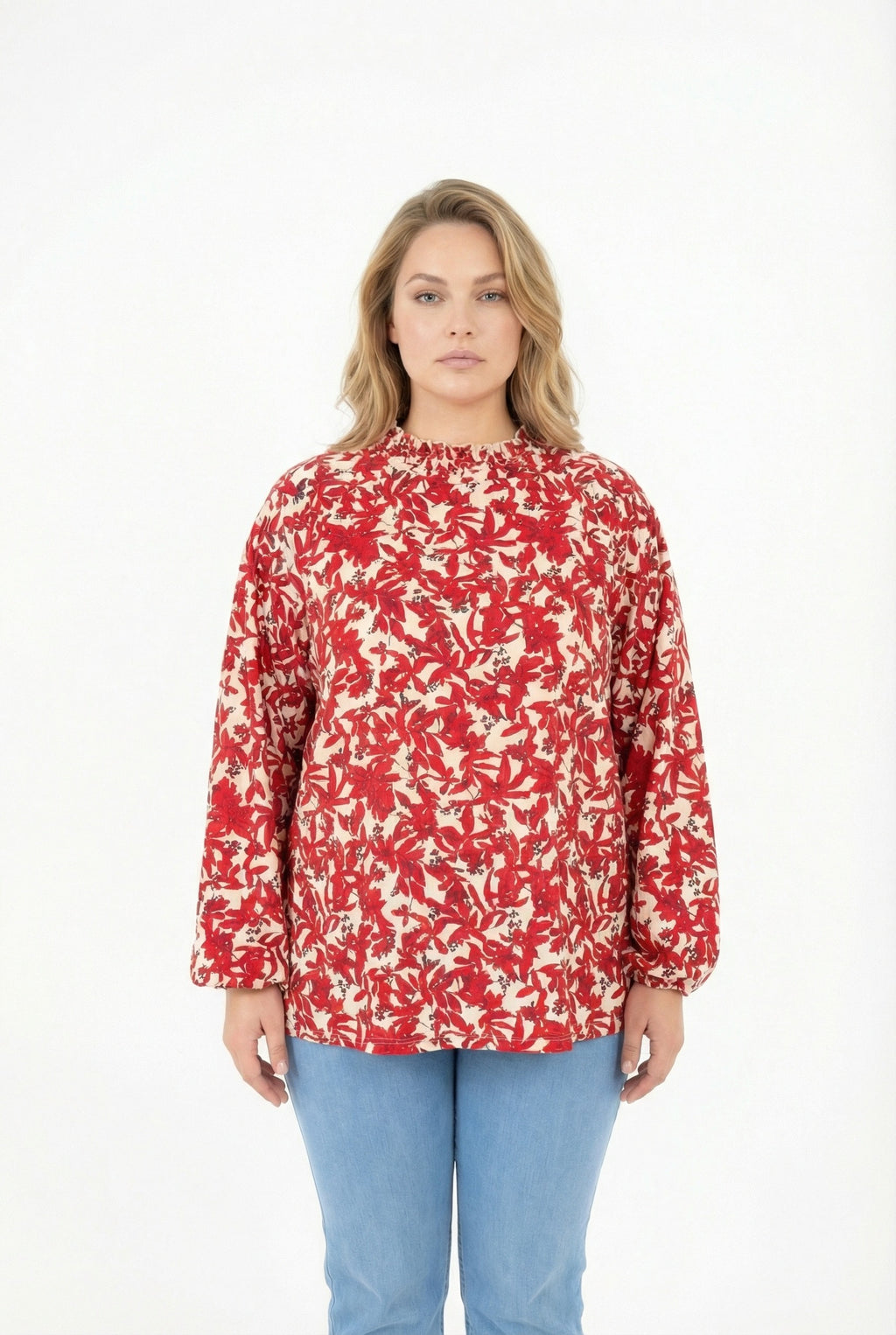 Desenli Uzun Kollu Bordo Bluz - Büzgülü Yaka, Şık ve Rahat