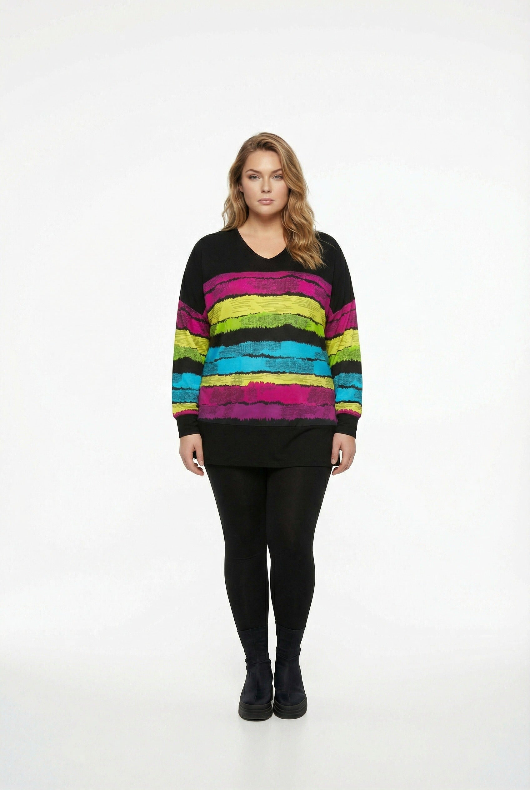 Siyah Renkli Çizgili Büyük Beden Bluz | Canlı Tunik