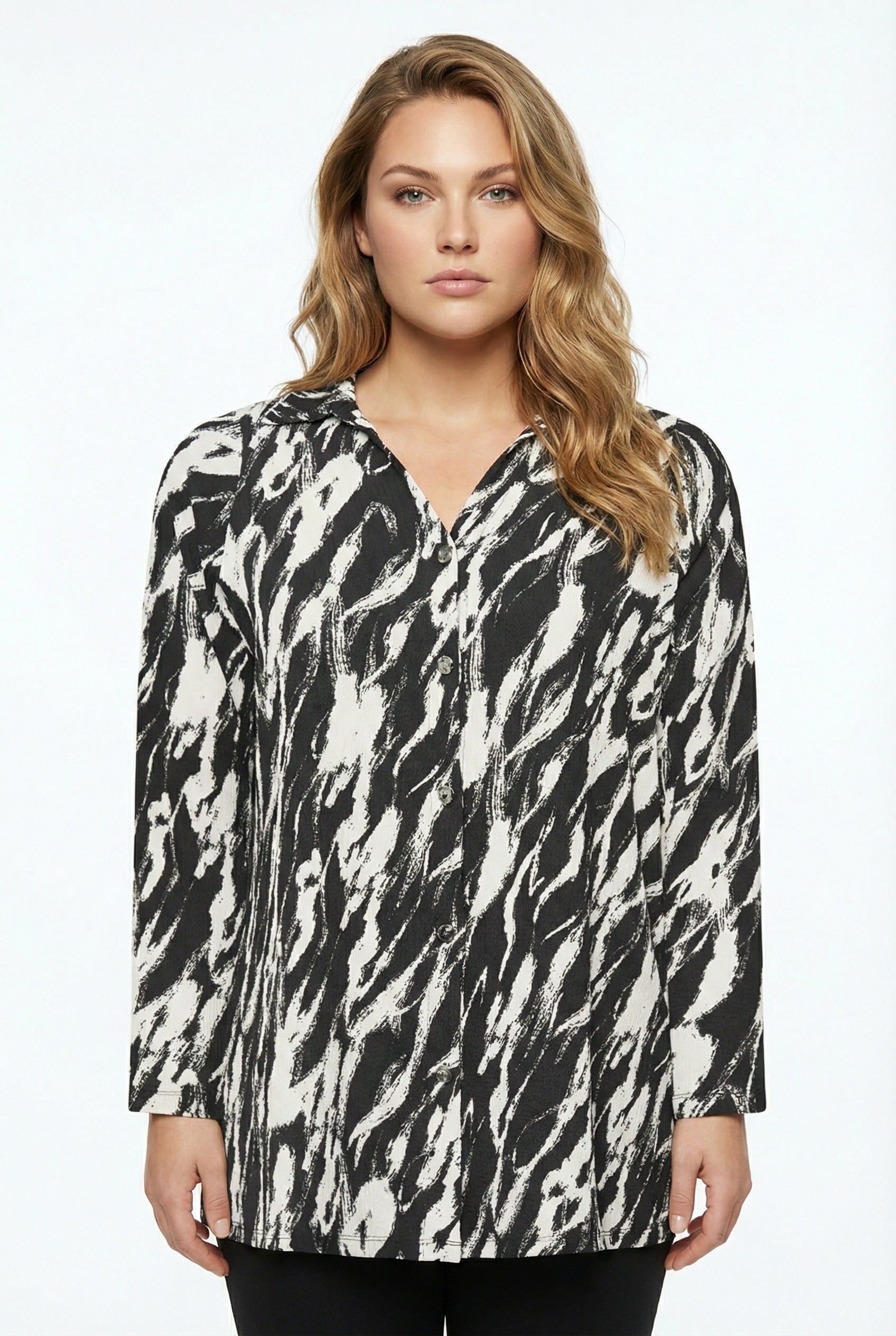 Desenli V Yaka Uzun Kollu Düğmeli Esnek Gömlek - Şık ve Rahat