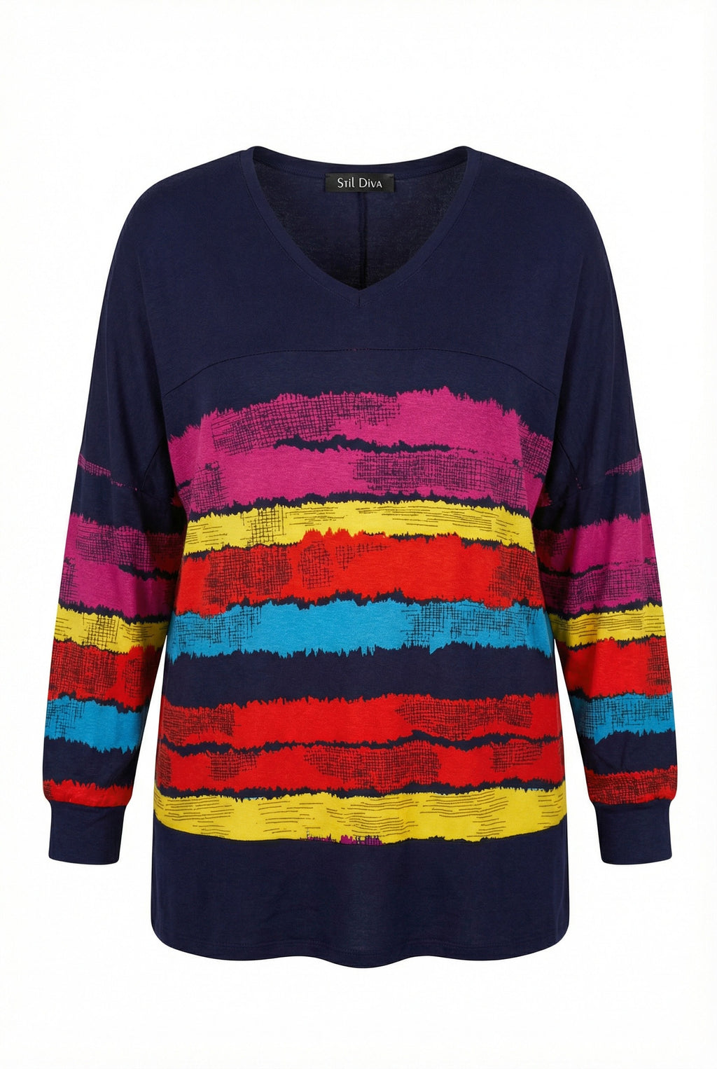 Lacivert Renkli Çizgili Büyük Beden Bluz | V Yaka Tunik