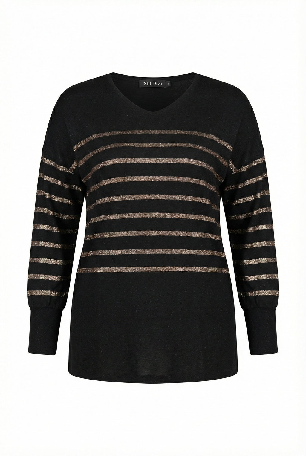 Uzun Kollu V Yaka Siyah Bluz - Lastikli Bilek Detaylı