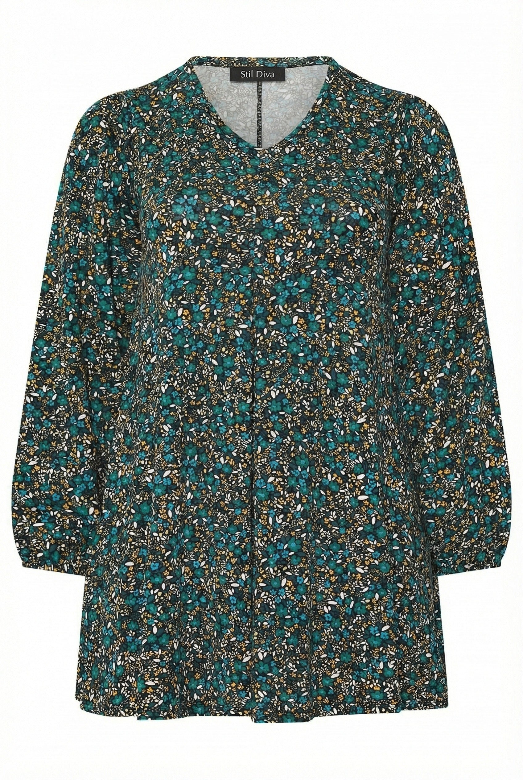 Uzun Kollu Çiçek Desenli Turkuaz T-shirt Kadınlar İçin