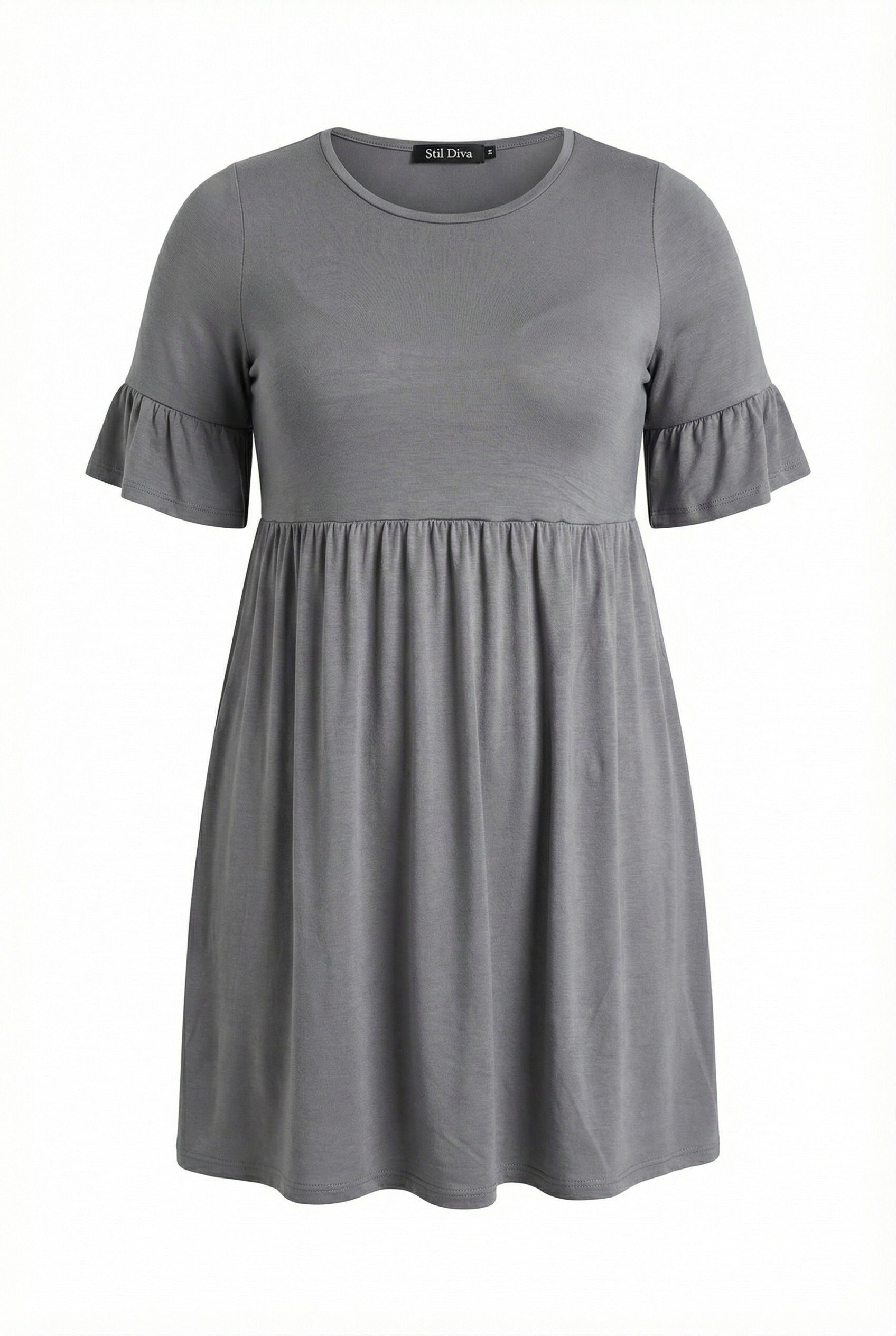 Kol Detaylı Beli Lastikli Pileli Tunik T-shirt Koyu Gri