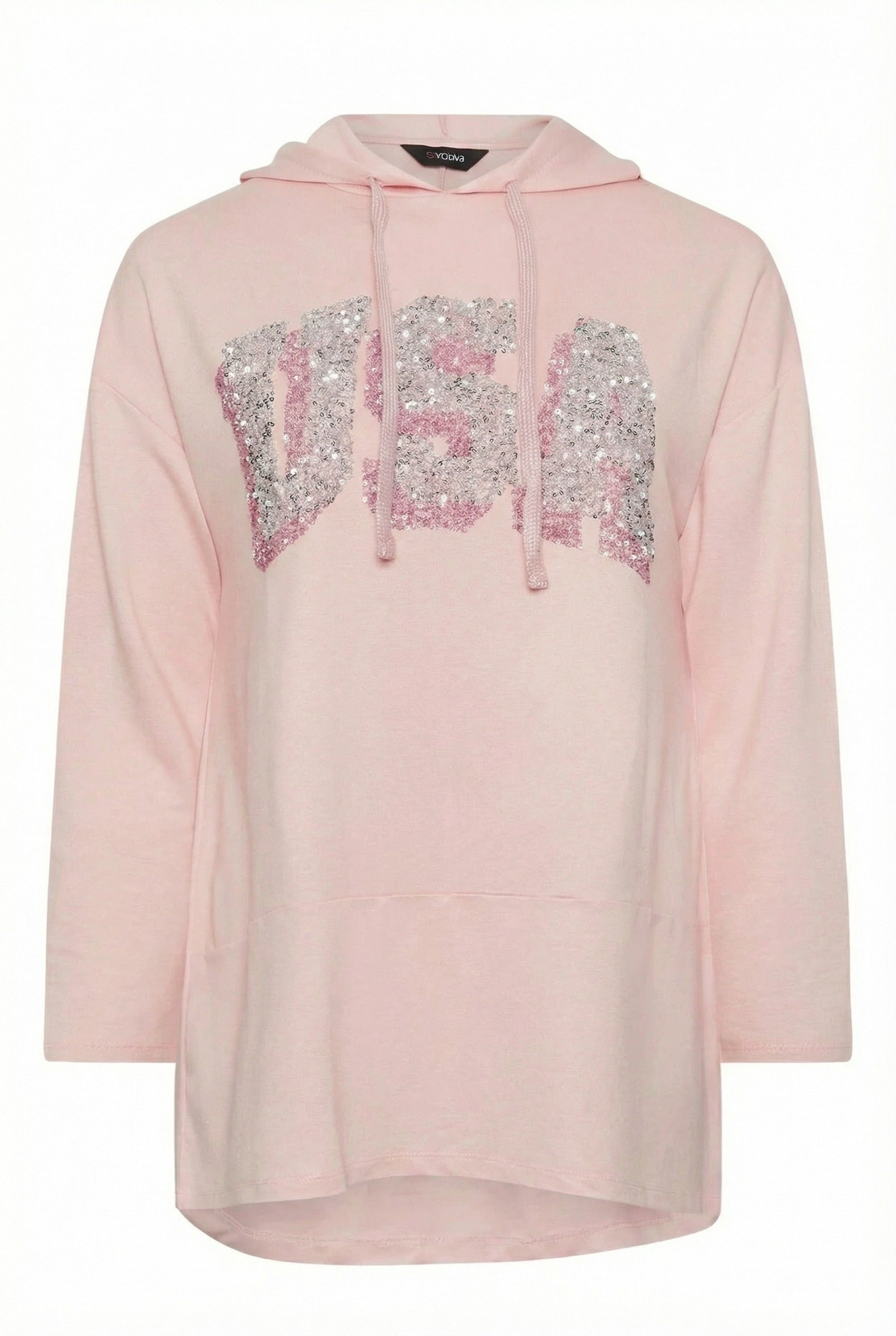 Kapüşonlu Payet Detaylı Pembe Uzun Kollu Sweatshirt