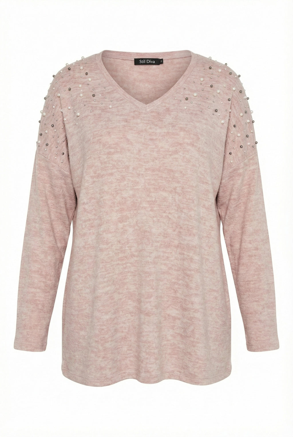 Pudra V Yaka Uzun Kollu Boncuklu Peluş Sweatshirt