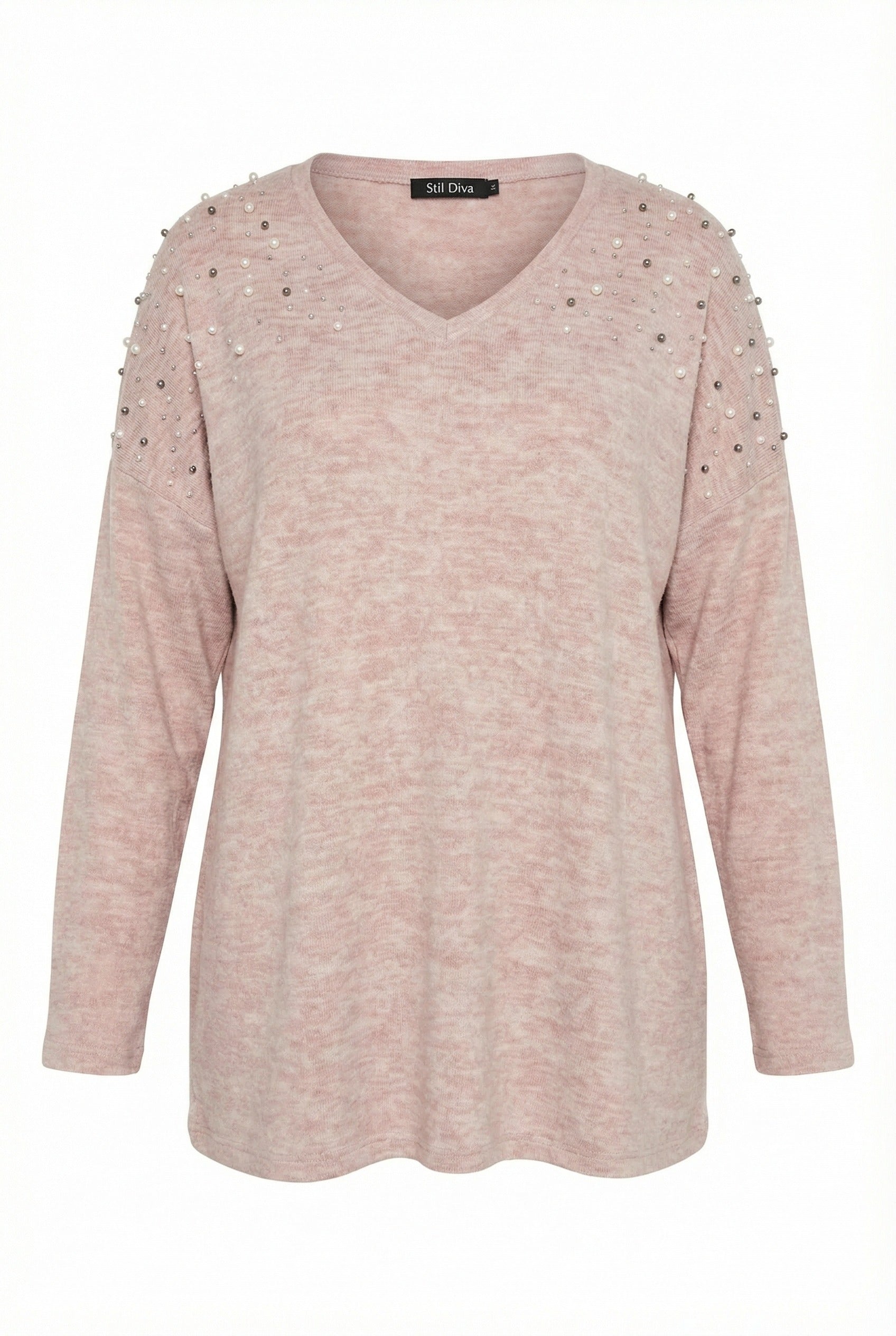 Pudra V Yaka Uzun Kollu Boncuklu Peluş Sweatshirt