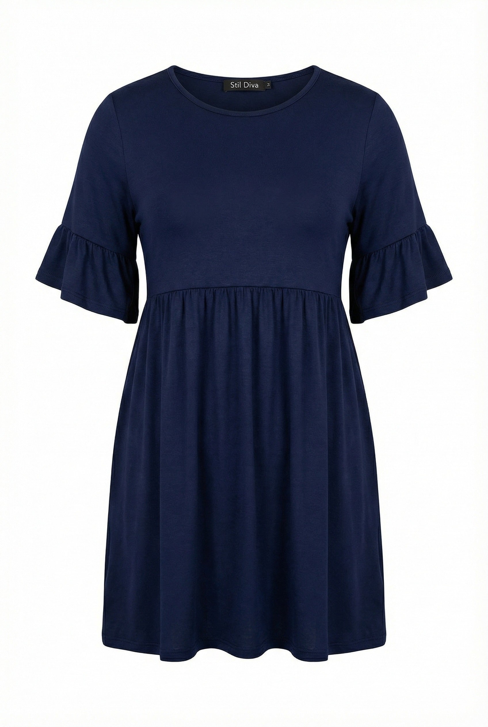 Lacivert Kol Detaylı Beli Lastikli Pileli Tunik T-shirt