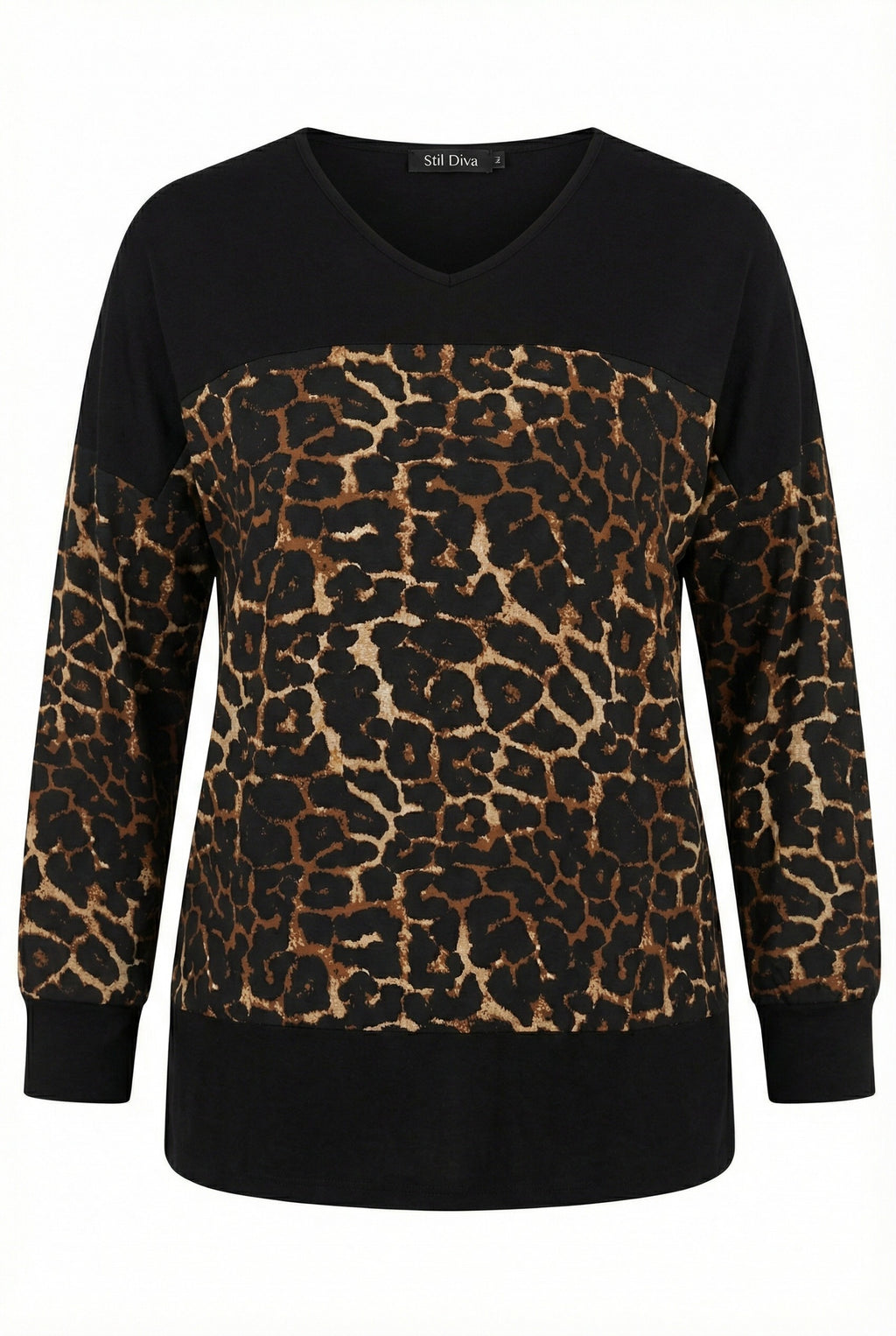 Siyah V Yaka Uzun Kollu Leopar Desenli T-shirt - Rahat ve Şık