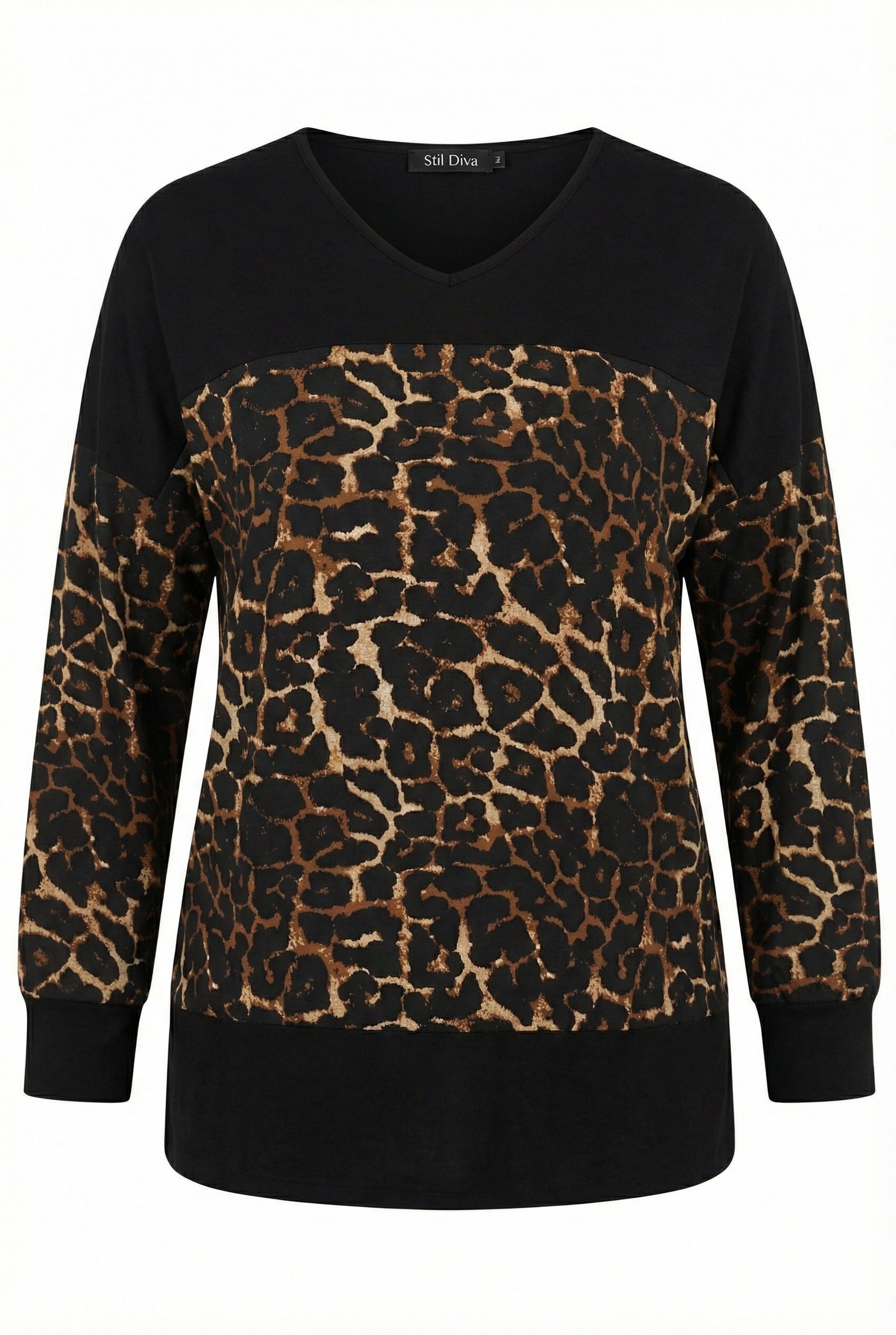 Siyah V Yaka Uzun Kollu Leopar Desenli T-shirt - Rahat ve Şık