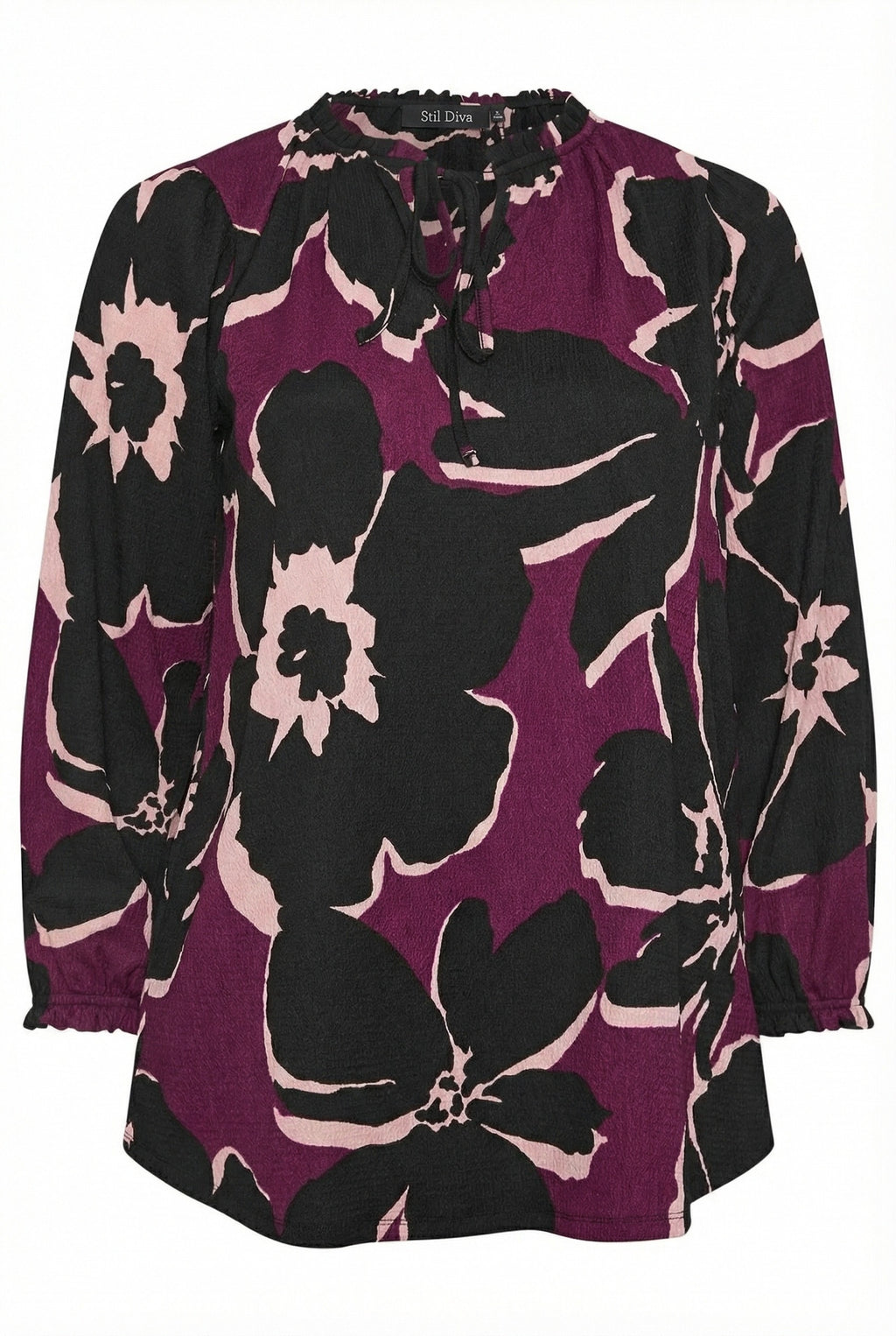 Mürdüm Çiçek Desenli Uzun Kollu Bluz - Rahat ve Şık Tasarım