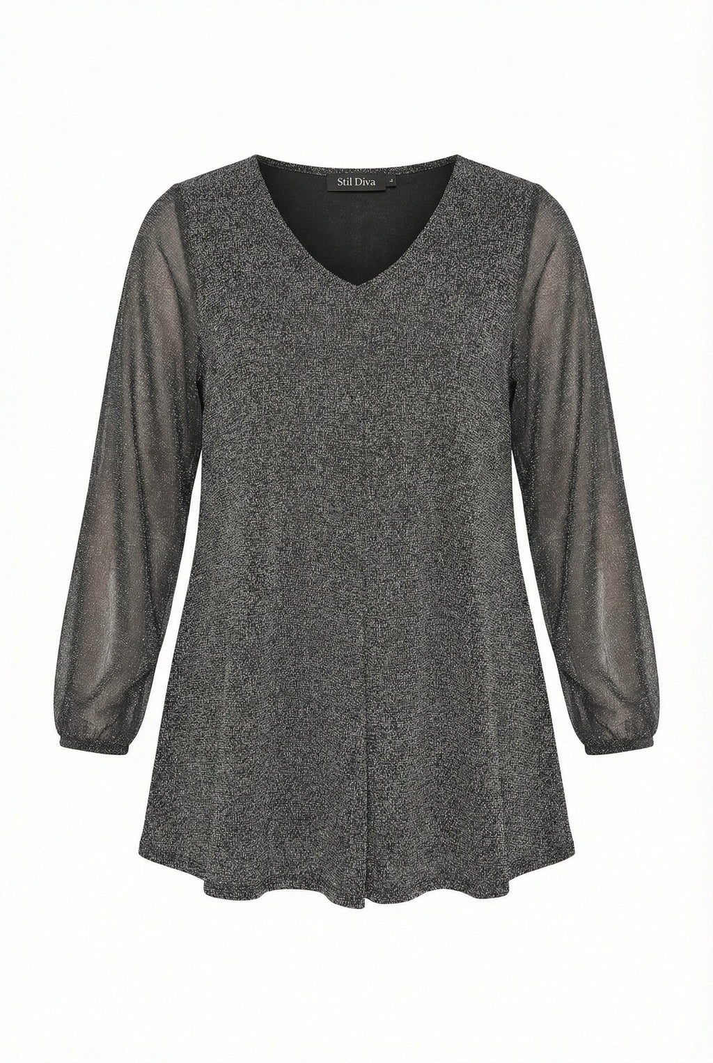 V Yaka Uzun Kollu Tül Detaylı Esnek Kumaşlı Bluz - Koyu Gri
