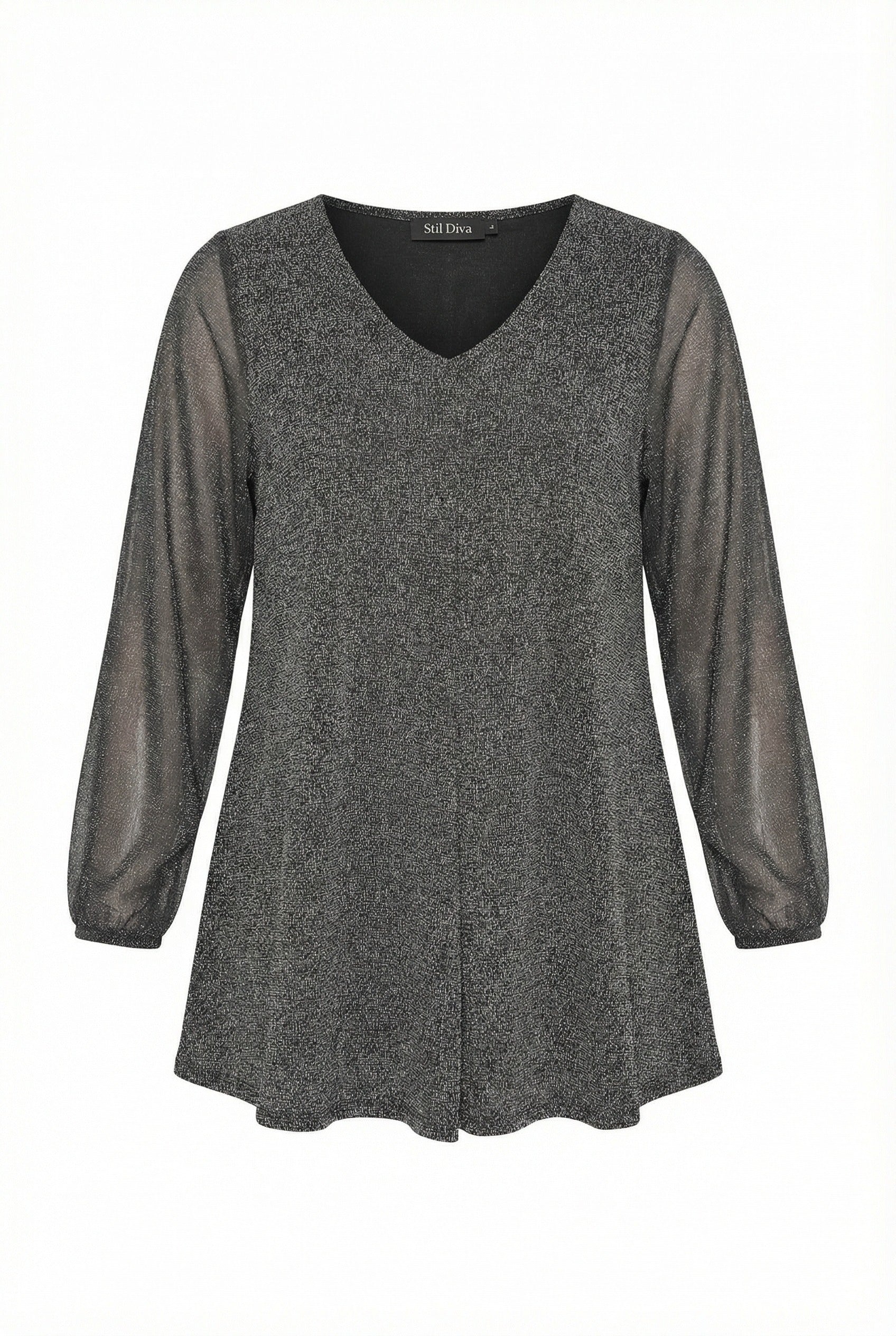 V Yaka Uzun Kollu Tül Detaylı Esnek Kumaşlı Bluz - Koyu Gri