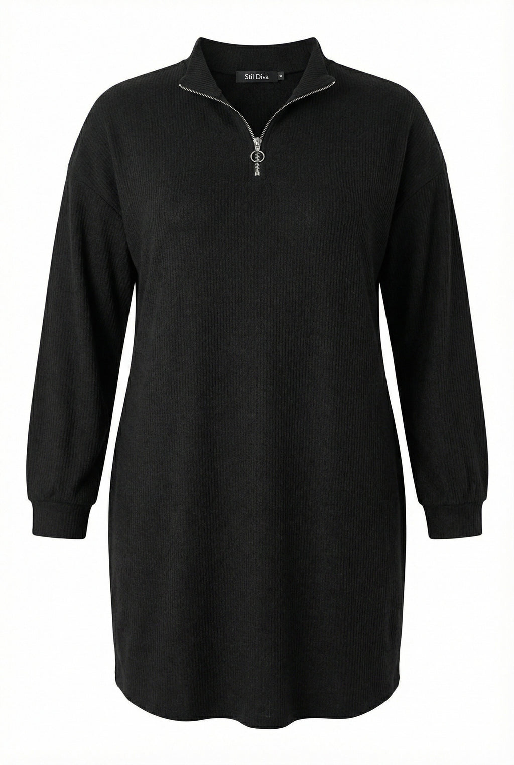 Fitili Kumaş Midi Elbise - Uzun Kollu V Yaka Siyah Elbise