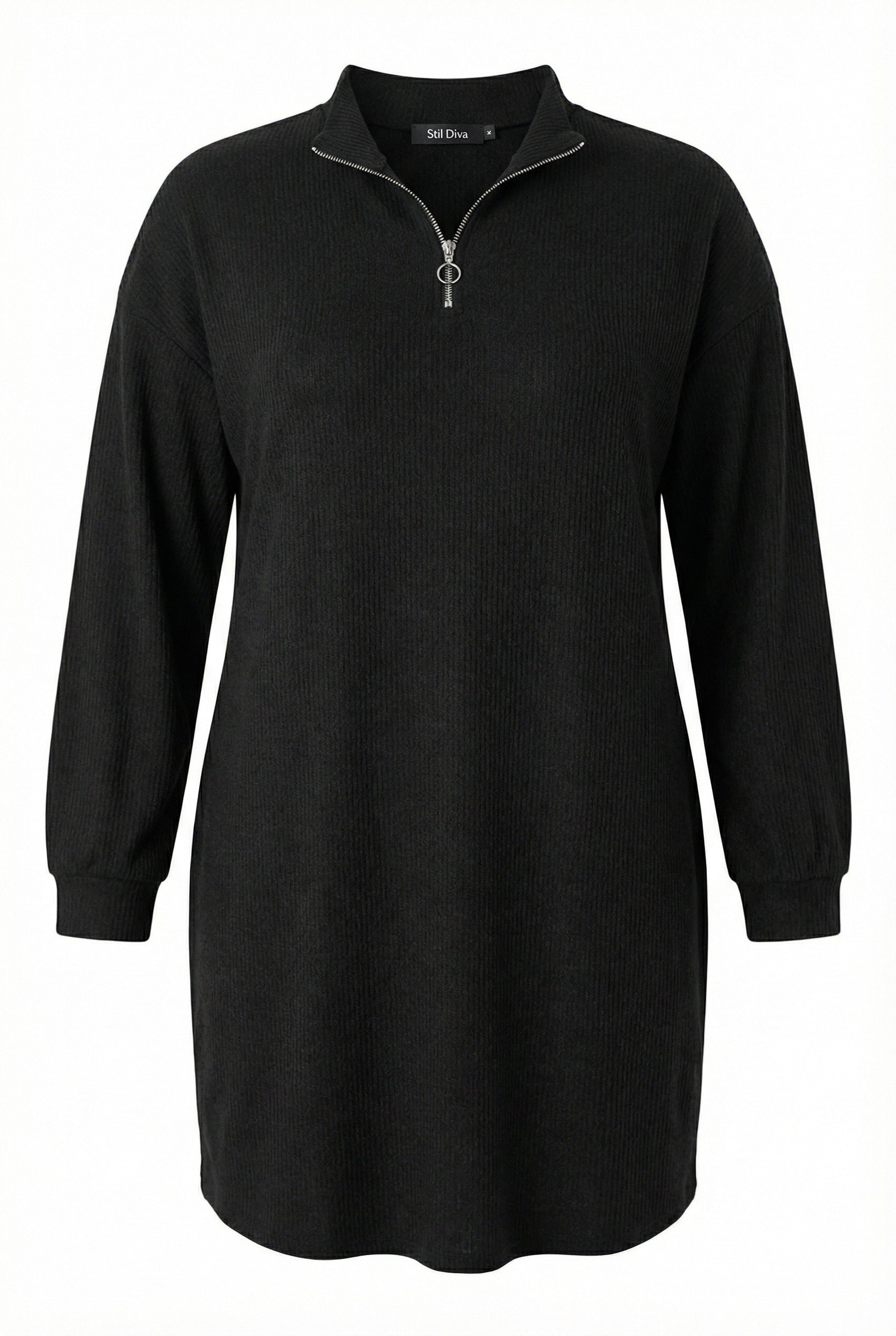 Fitili Kumaş Midi Elbise - Uzun Kollu V Yaka Siyah Elbise