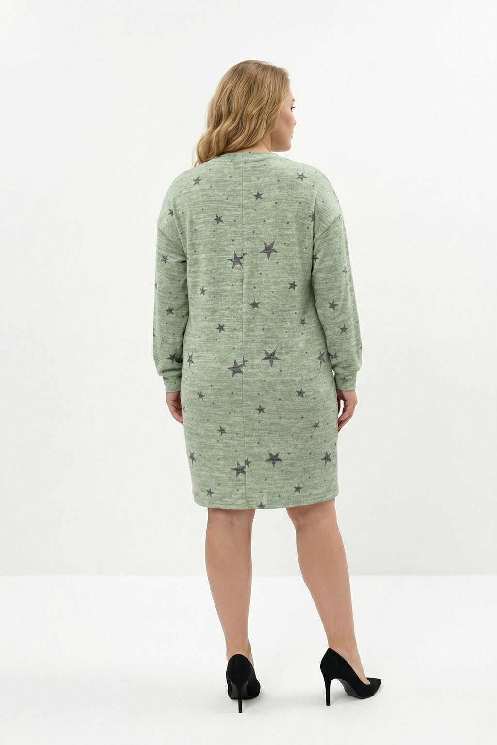 Yıldız Desenli Esnek Yeşil Uzun Kollu Elbise - Şık ve Rahat