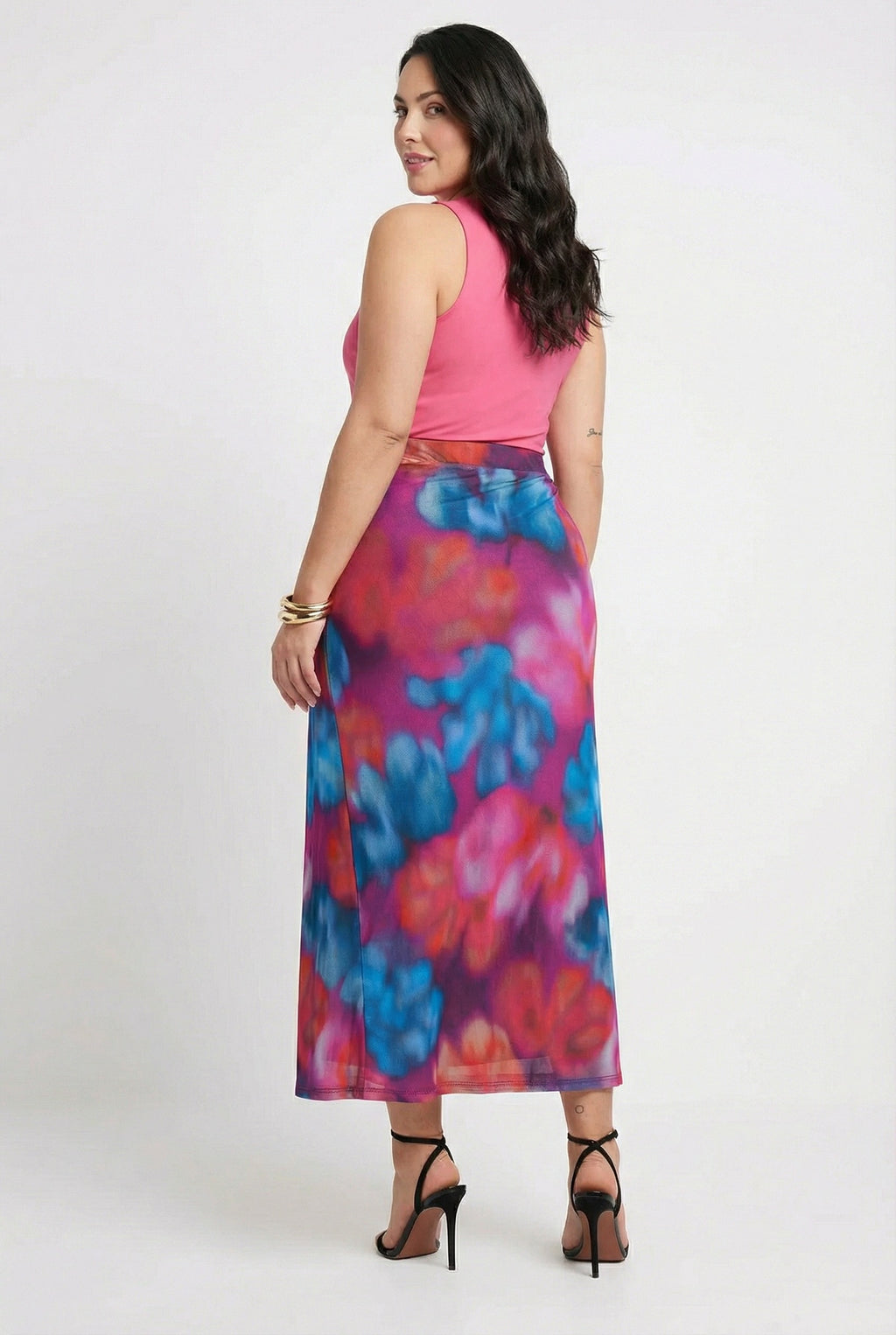 Desenli Uzun Tül Etek - Lastikli Bel, Pembe Renk, Şık Tasarım