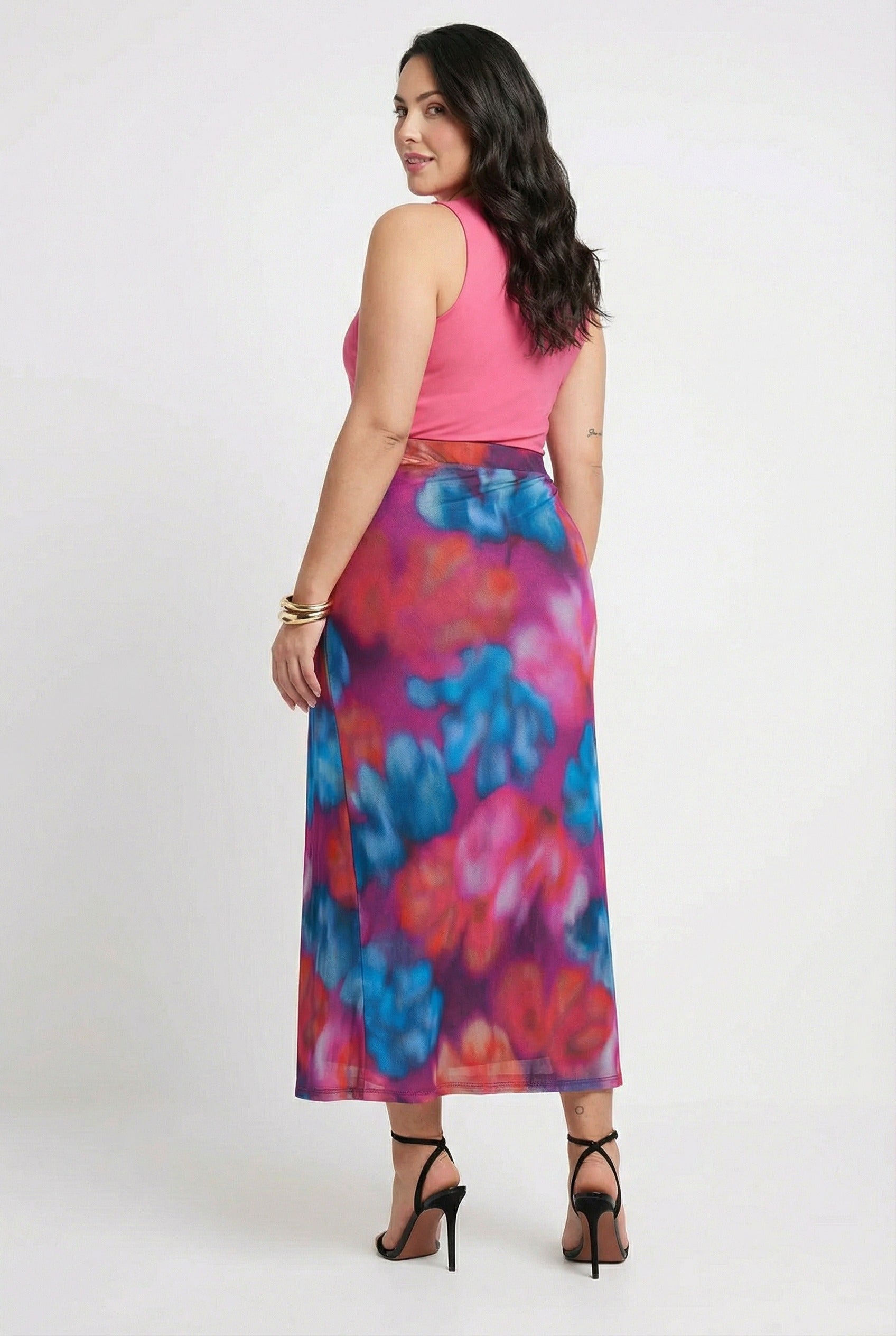 Desenli Uzun Tül Etek - Lastikli Bel, Pembe Renk, Şık Tasarım