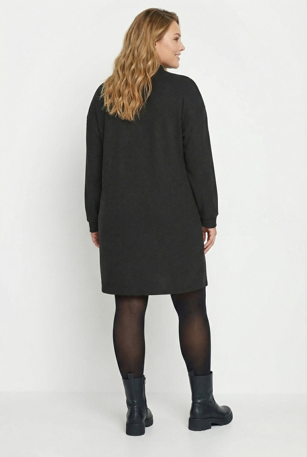 Fitili Kumaş Midi Elbise - Uzun Kollu V Yaka Siyah Elbise