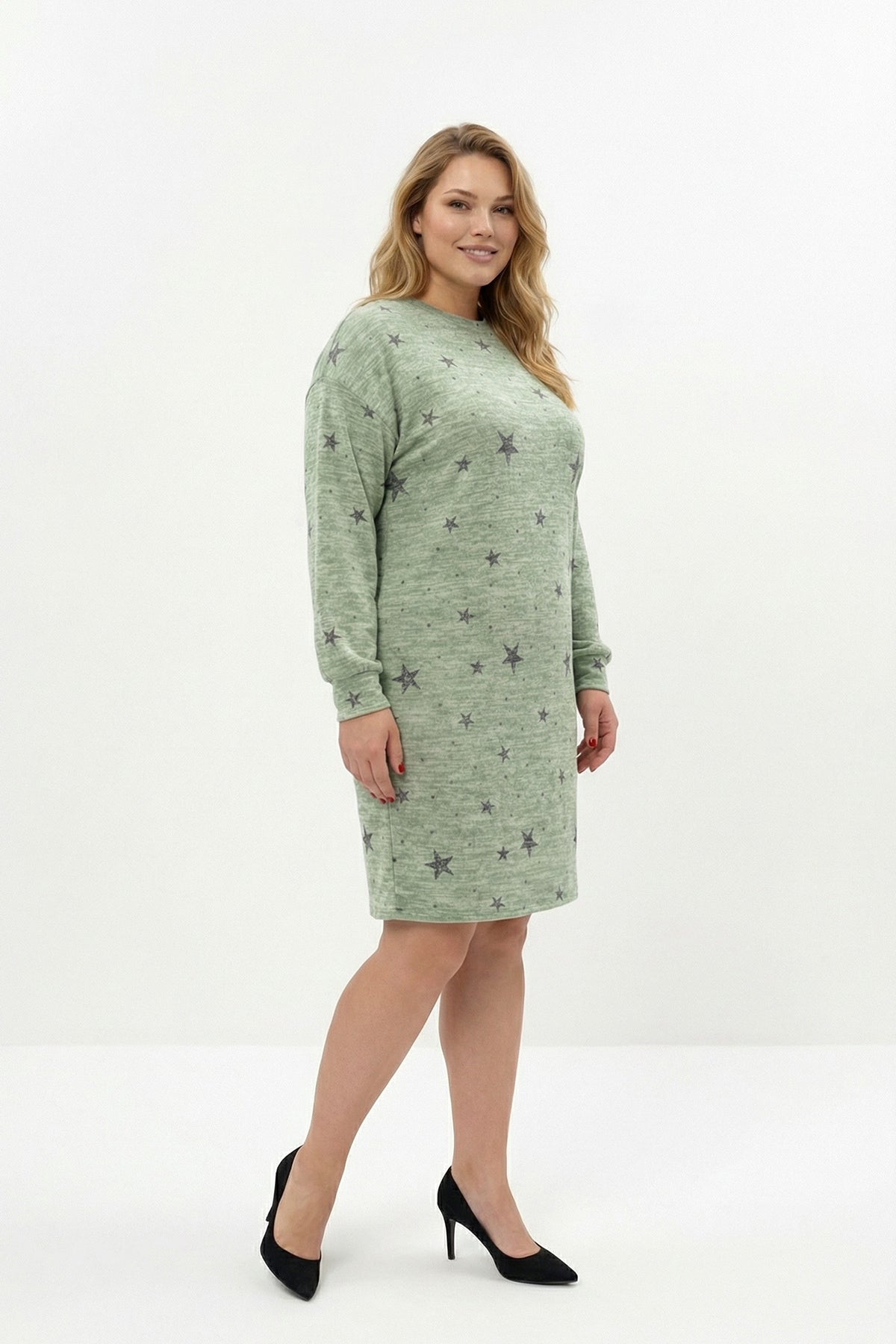 Yıldız Desenli Esnek Yeşil Uzun Kollu Elbise - Şık ve Rahat