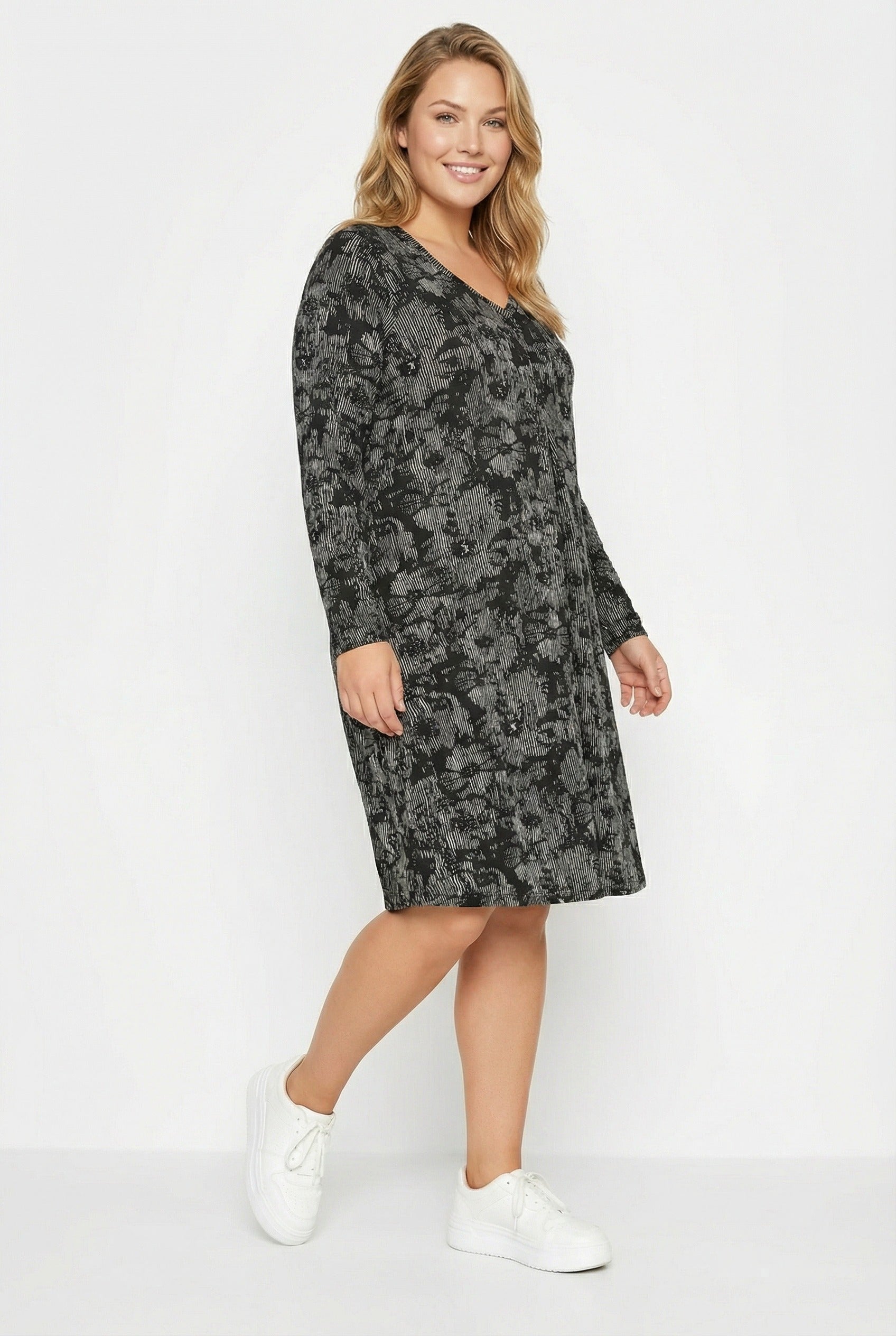 Desenli Midi Boy V Yaka Uzun Kollu Elbise - Rahat ve Şık Seçim