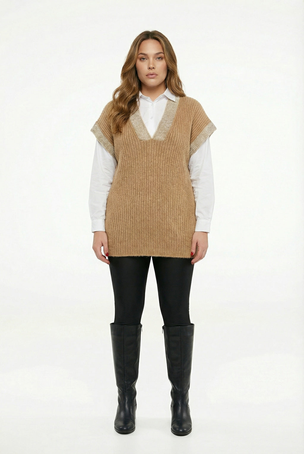 Açık Kahve V Yaka Kısa Kollu Triko Süveter - Rahat ve Şık