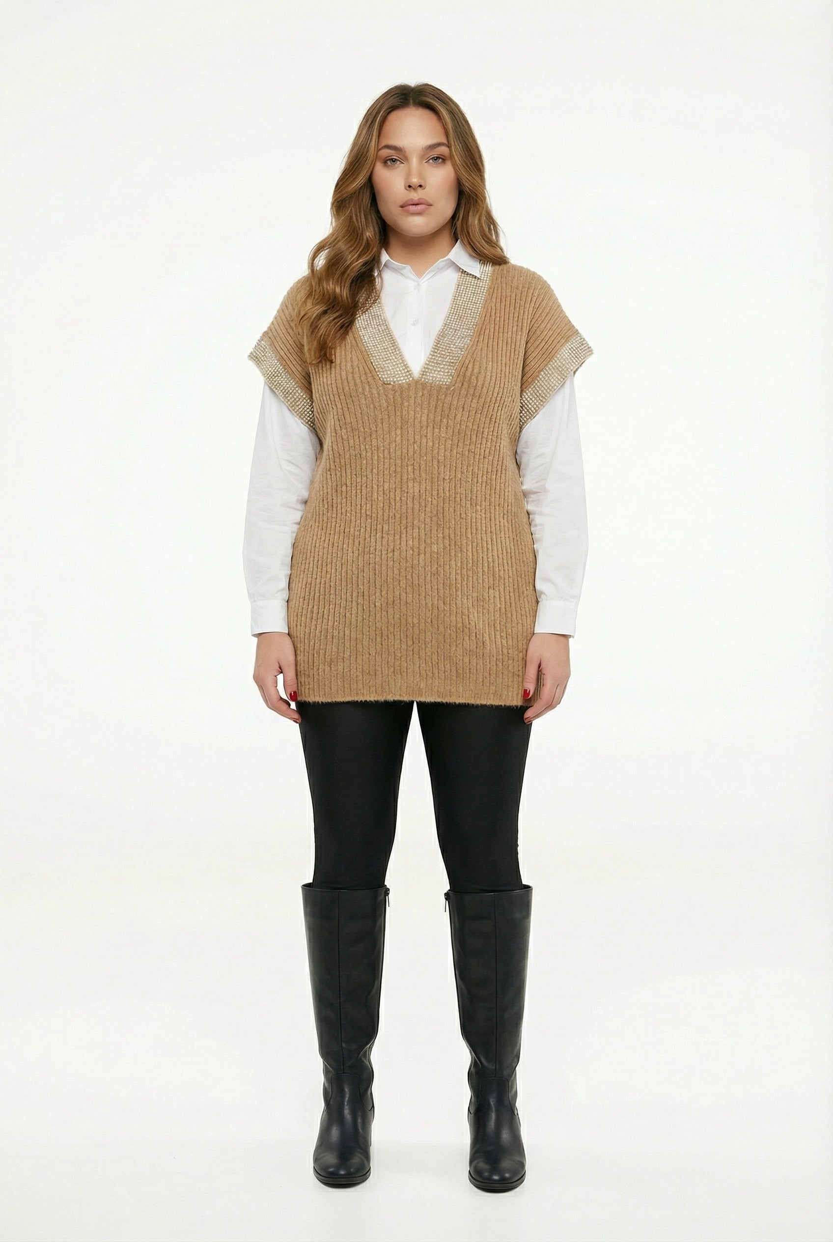 Açık Kahve V Yaka Kısa Kollu Triko Süveter - Rahat ve Şık