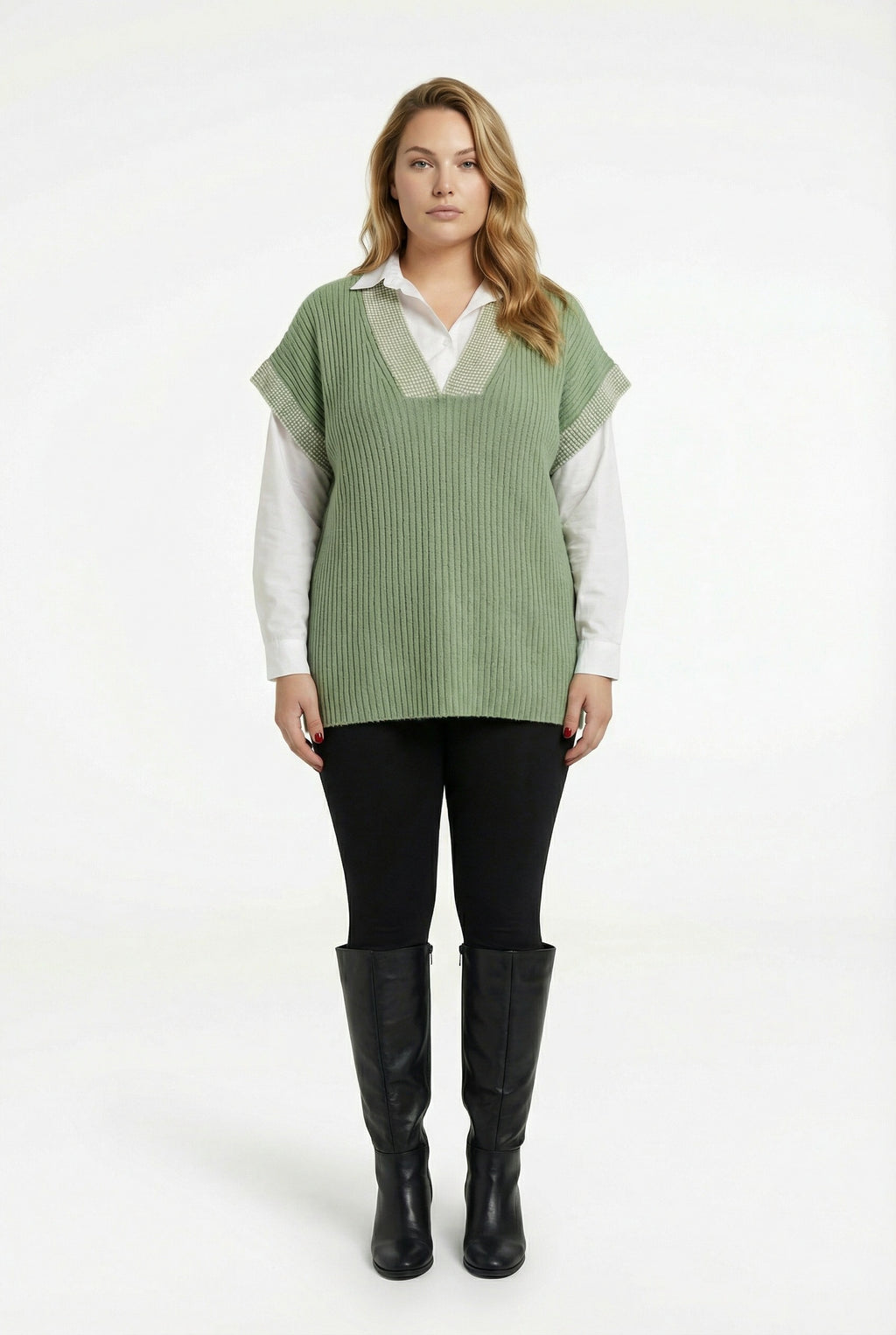 Mint Renk V Yaka Kısa Kollu Triko Süveter - Rahat ve Şık