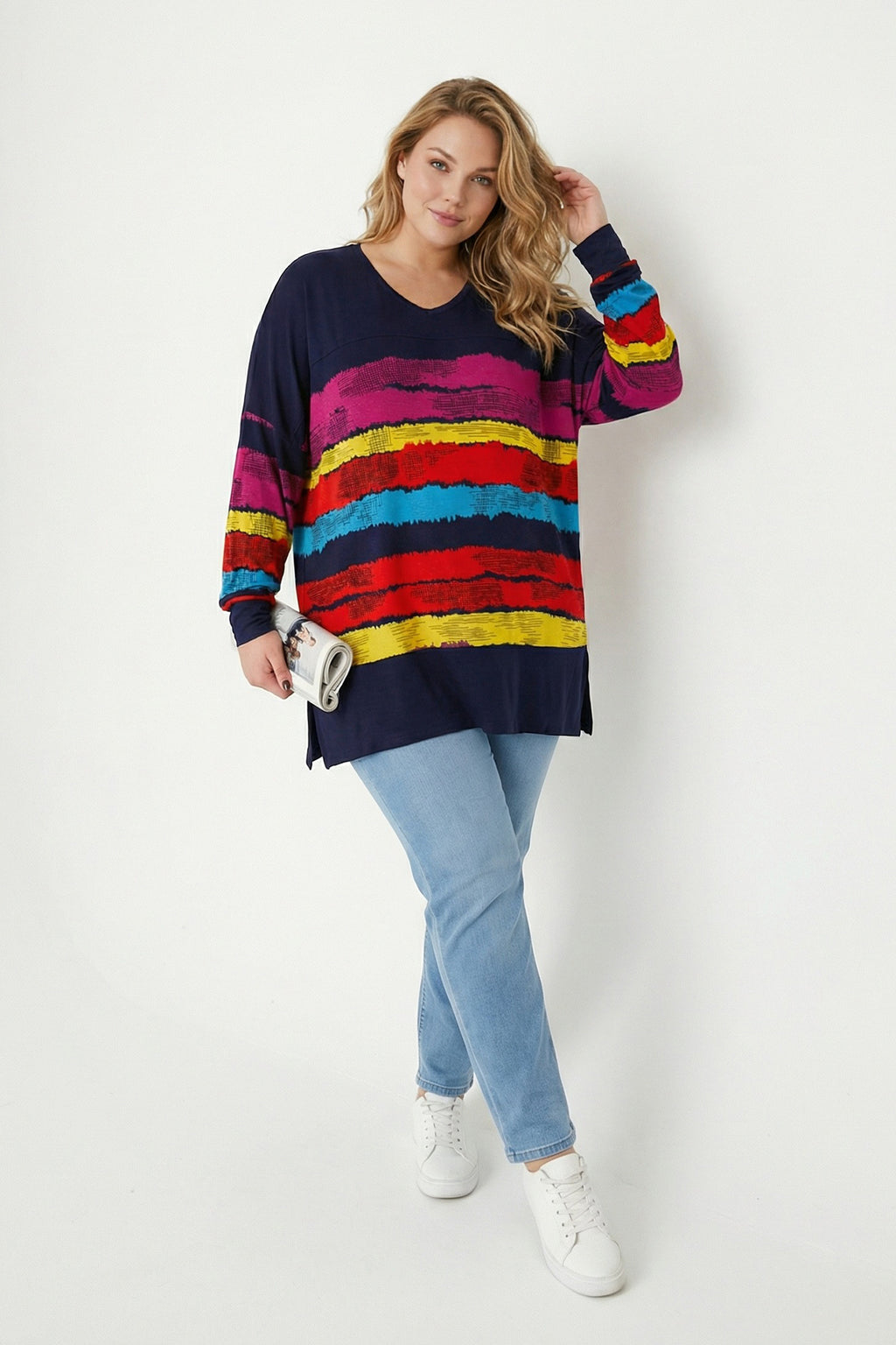 Lacivert Renkli Çizgili Büyük Beden Bluz | V Yaka Tunik