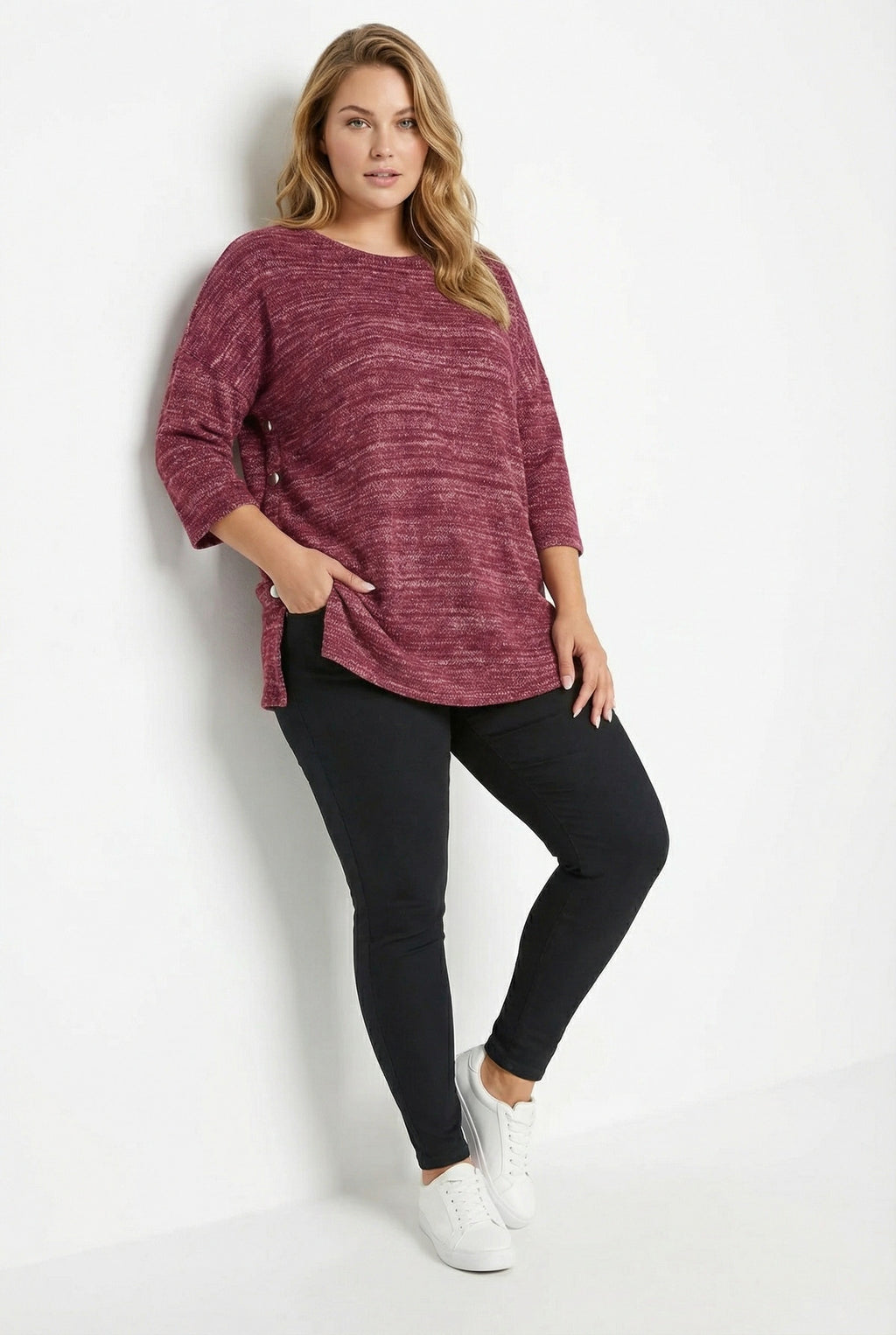 Mor Yarım Kol Düğme Detaylı Rahat Sweatshirt - Konfor ve Şıklık