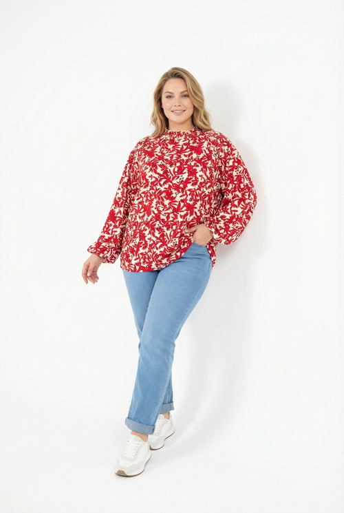Desenli Uzun Kollu Bordo Bluz - Büzgülü Yaka, Şık ve Rahat