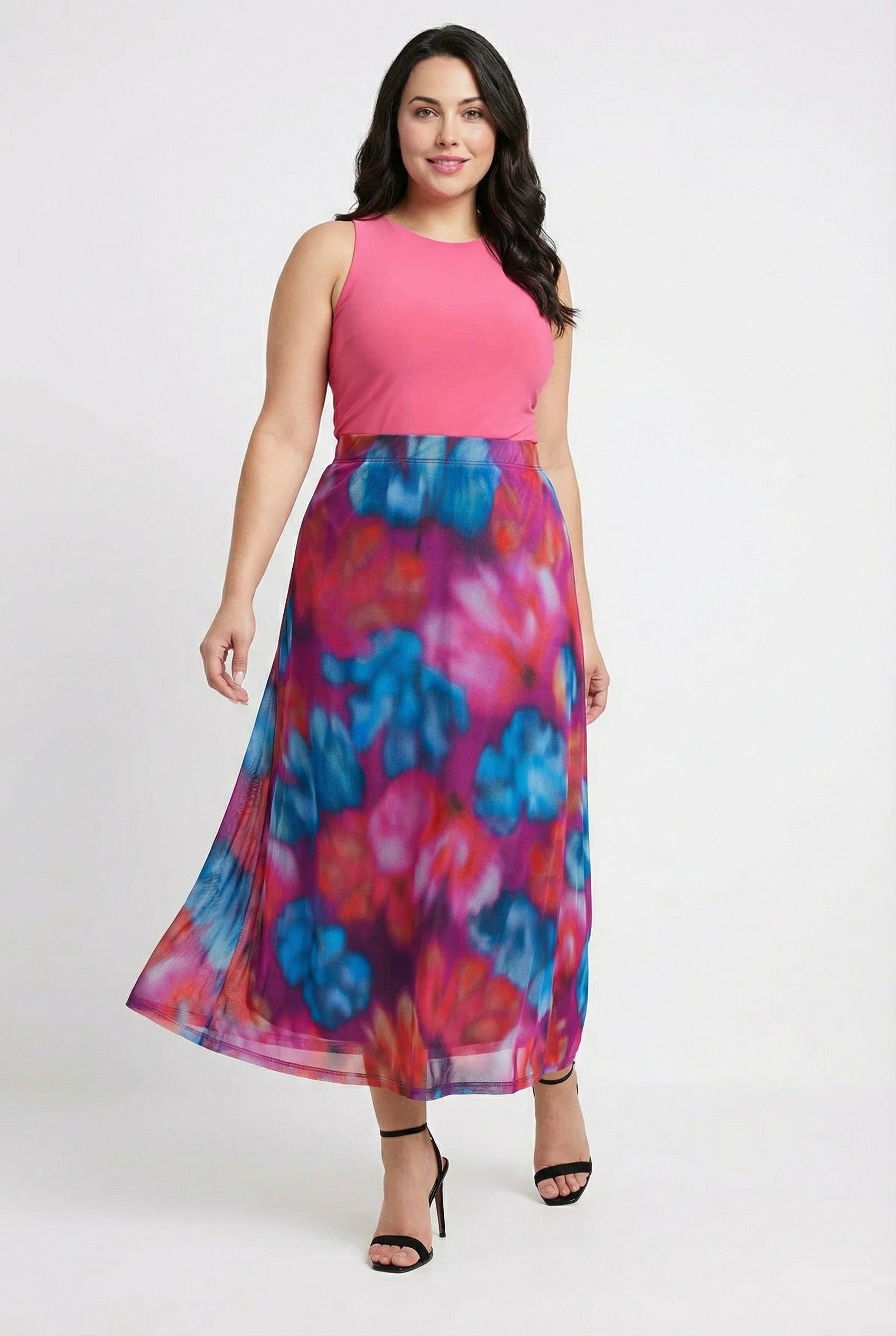 Desenli Uzun Tül Etek - Lastikli Bel, Pembe Renk, Şık Tasarım