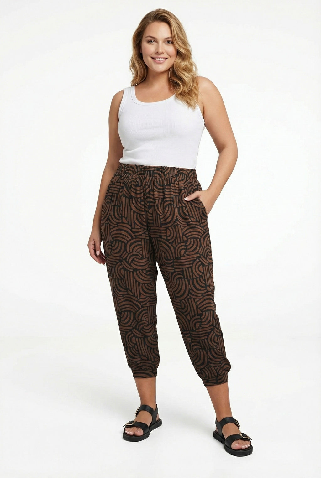 Soyut Desenli Cepli Pantolon - Kahve Renk, Rahat Kesim ve Lastik Belli