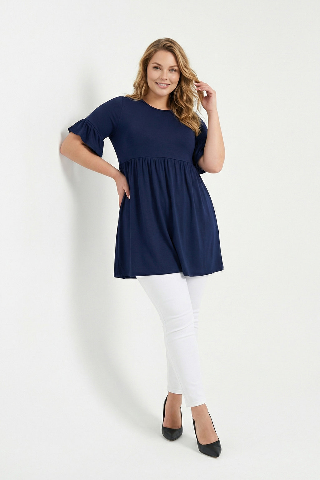 Lacivert Kol Detaylı Beli Lastikli Pileli Tunik T-shirt