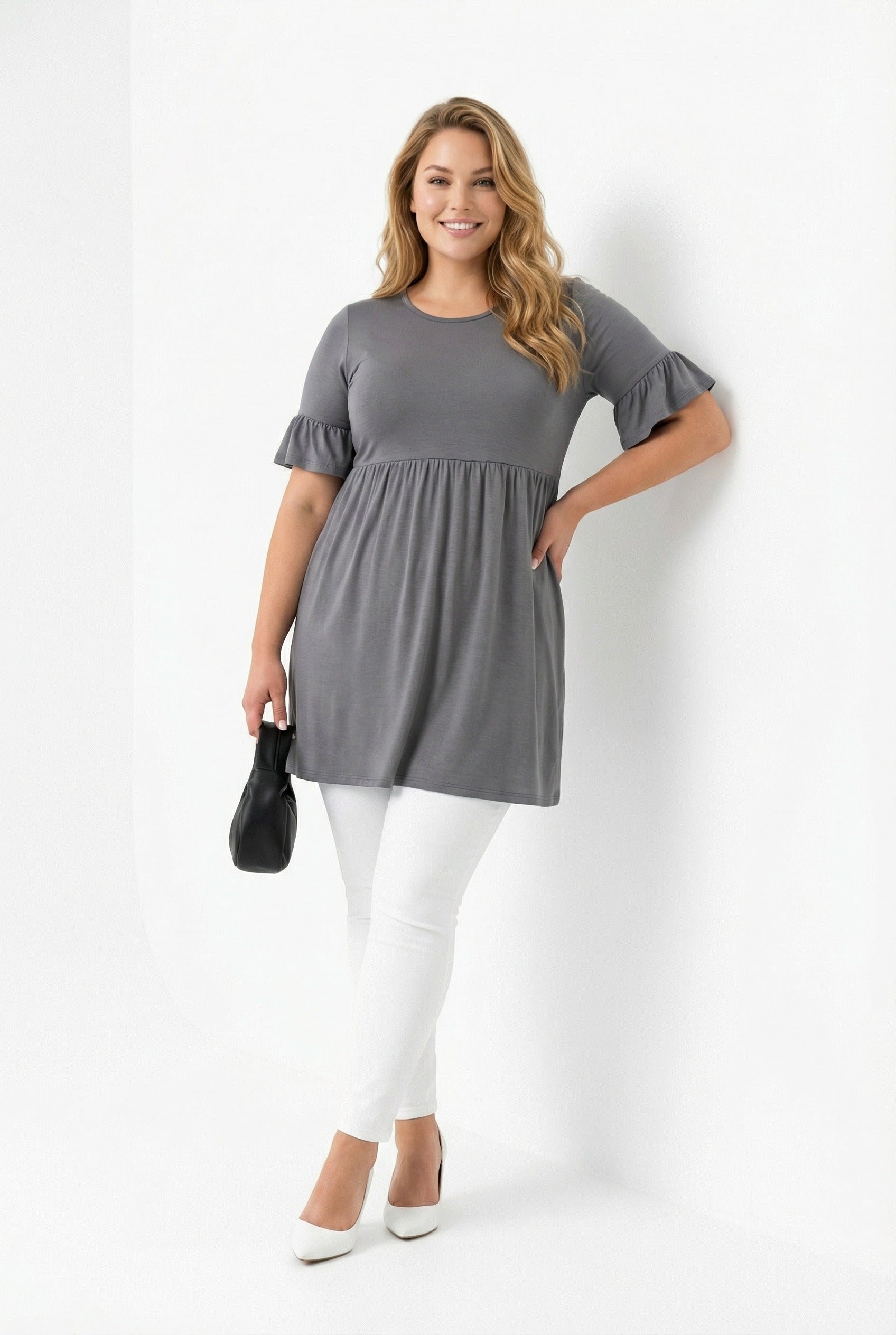 Kol Detaylı Beli Lastikli Pileli Tunik T-shirt Koyu Gri