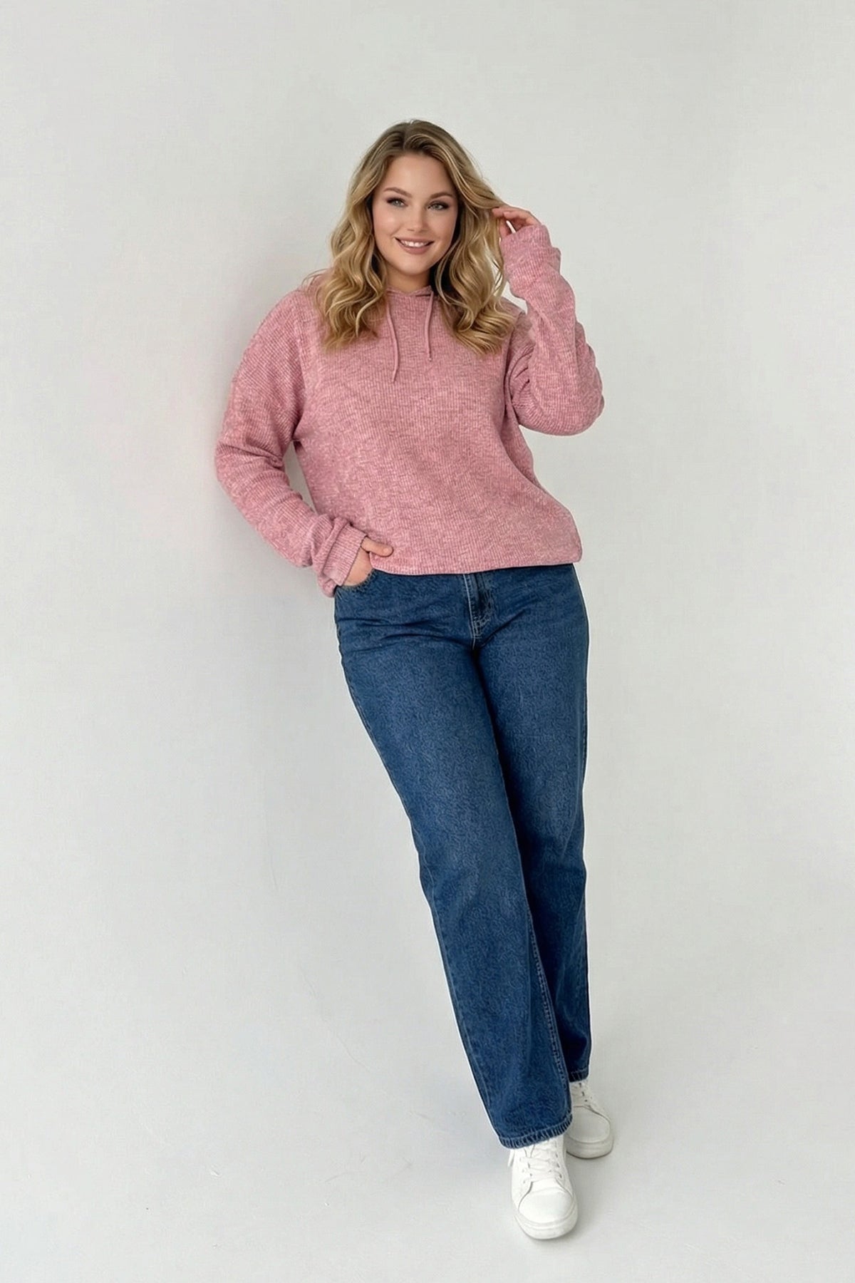 Kapüşonlu İnce Örme Sweatshirt - Pembe Renk ve Cepli Tasarım