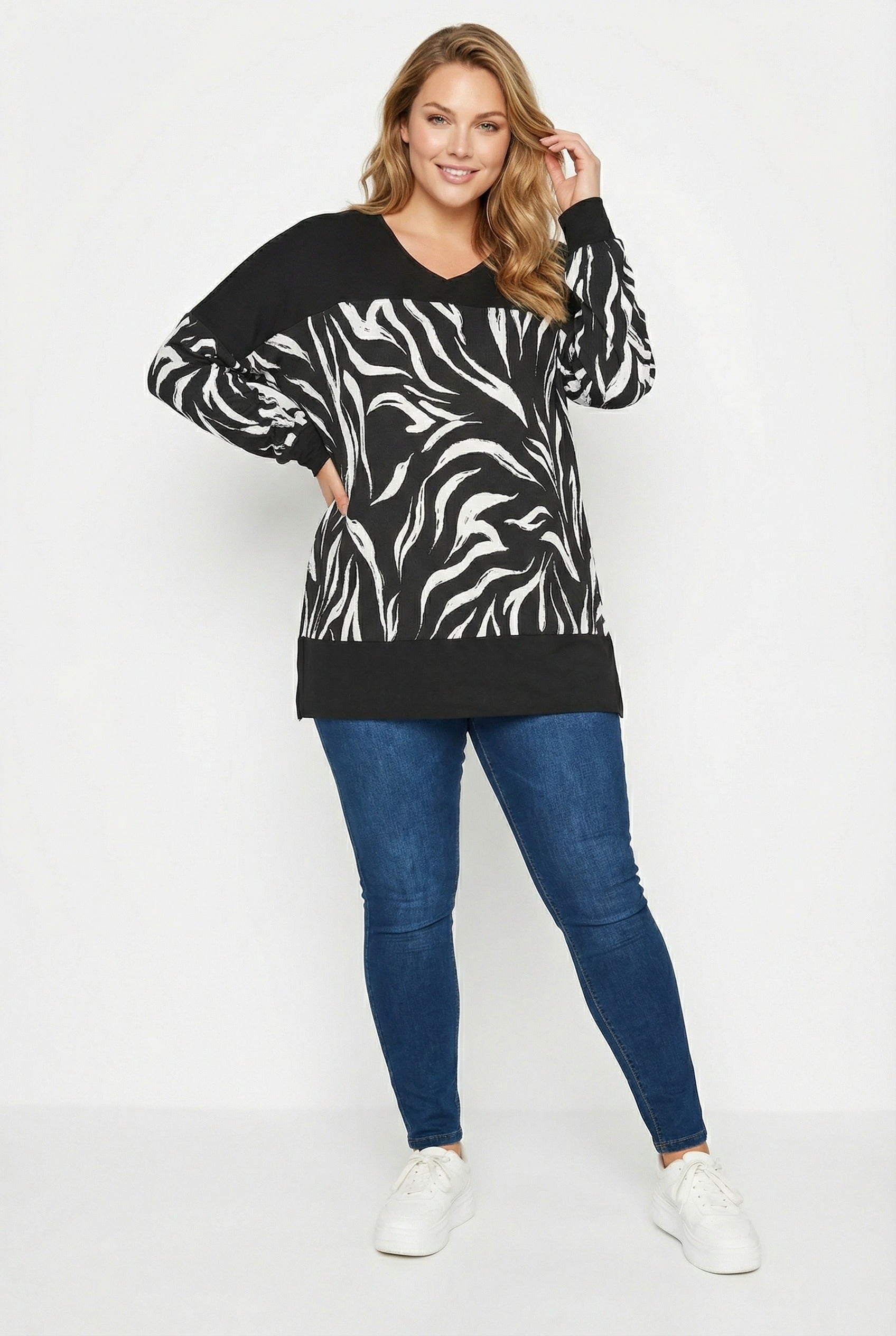 Siyah Zebra Desenli Büyük Beden Bluz | Esnek Tunik
