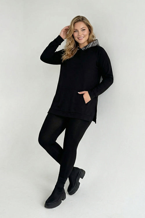 Desenli Kapüşonlu Sweatshirt - Uzun Kollu, Cepli, Yırtmaçlı